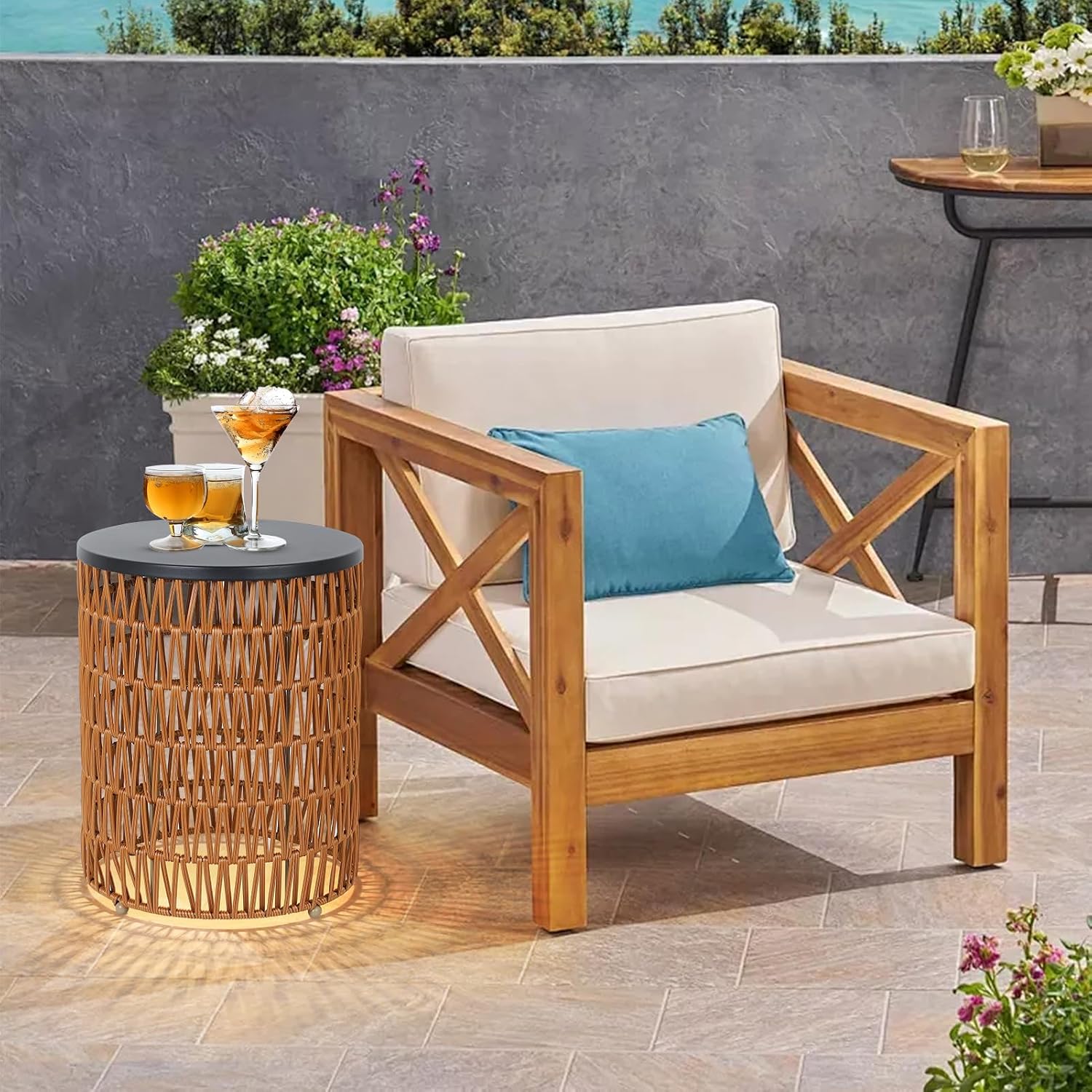 HMVPL Outdoor Side End Table with Dimmable Light Remote Control,2-Pack Small Round Patio Table with Timing Light,Outside Plastic Rattan Accent Bistro Desk for Poolside Backyard Balcony Gazebo Indoor