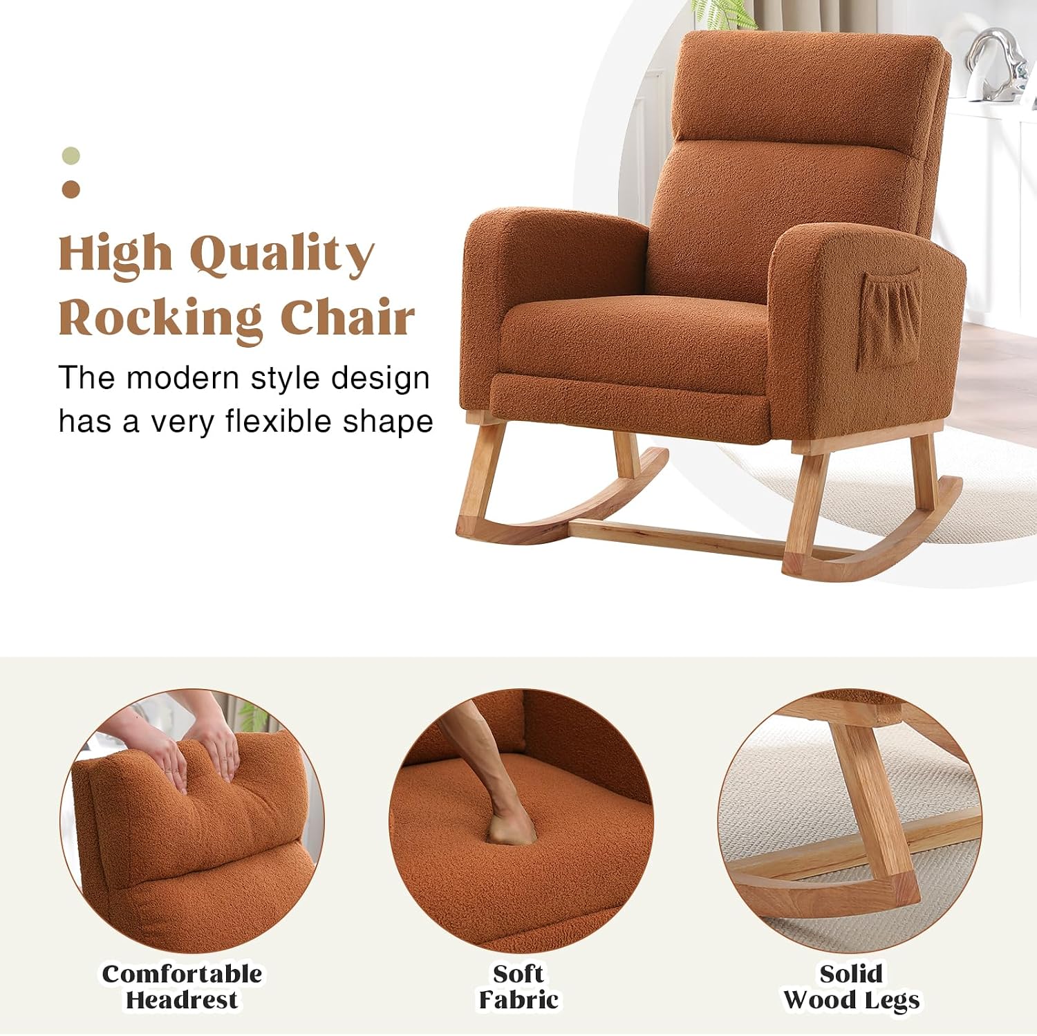 HCHAIRH Rocking Chair Nursery with Foot Rest, Nursing Rocking Chairs for Mom Nursery, Teddy Rocker Glider with High Backrest for Living Room, Bedroom, Brown