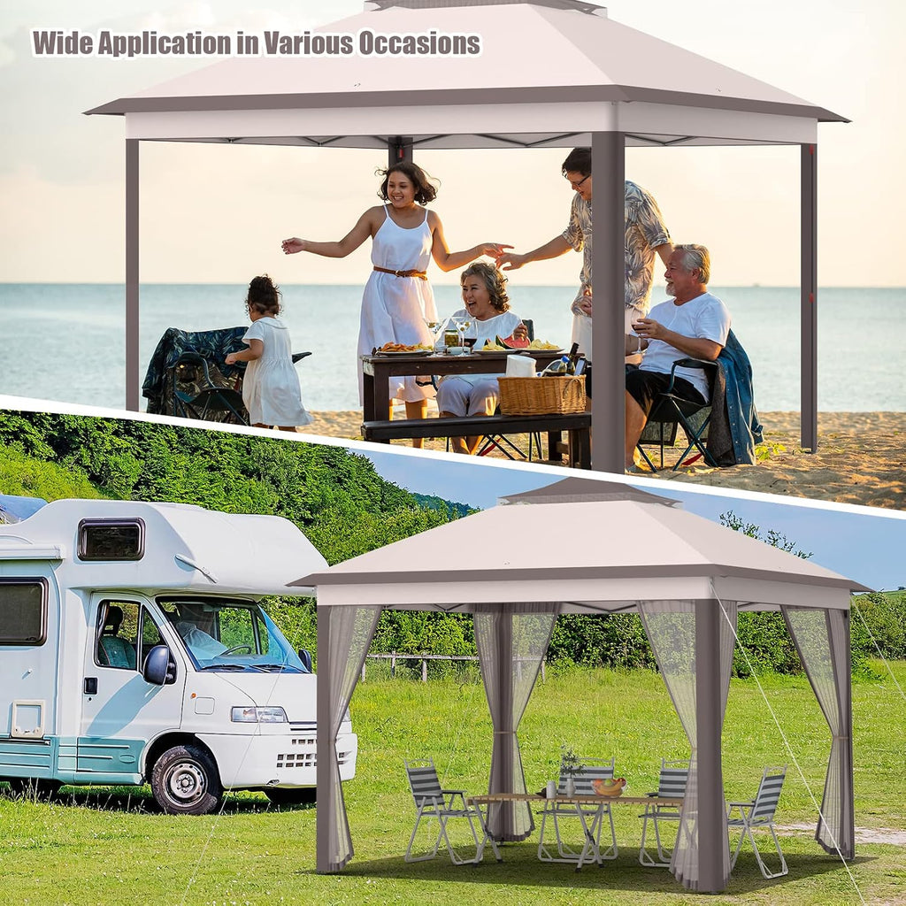 Tangkula 11x11 Ft Pop up Gazebo, 2-Tier Patio Gazebo with Netting, Carry Bag, Easy Set up Outdoor Gazebo with 121 Square Feet of Shade for Backyard, Deck, Poolside (Beige)