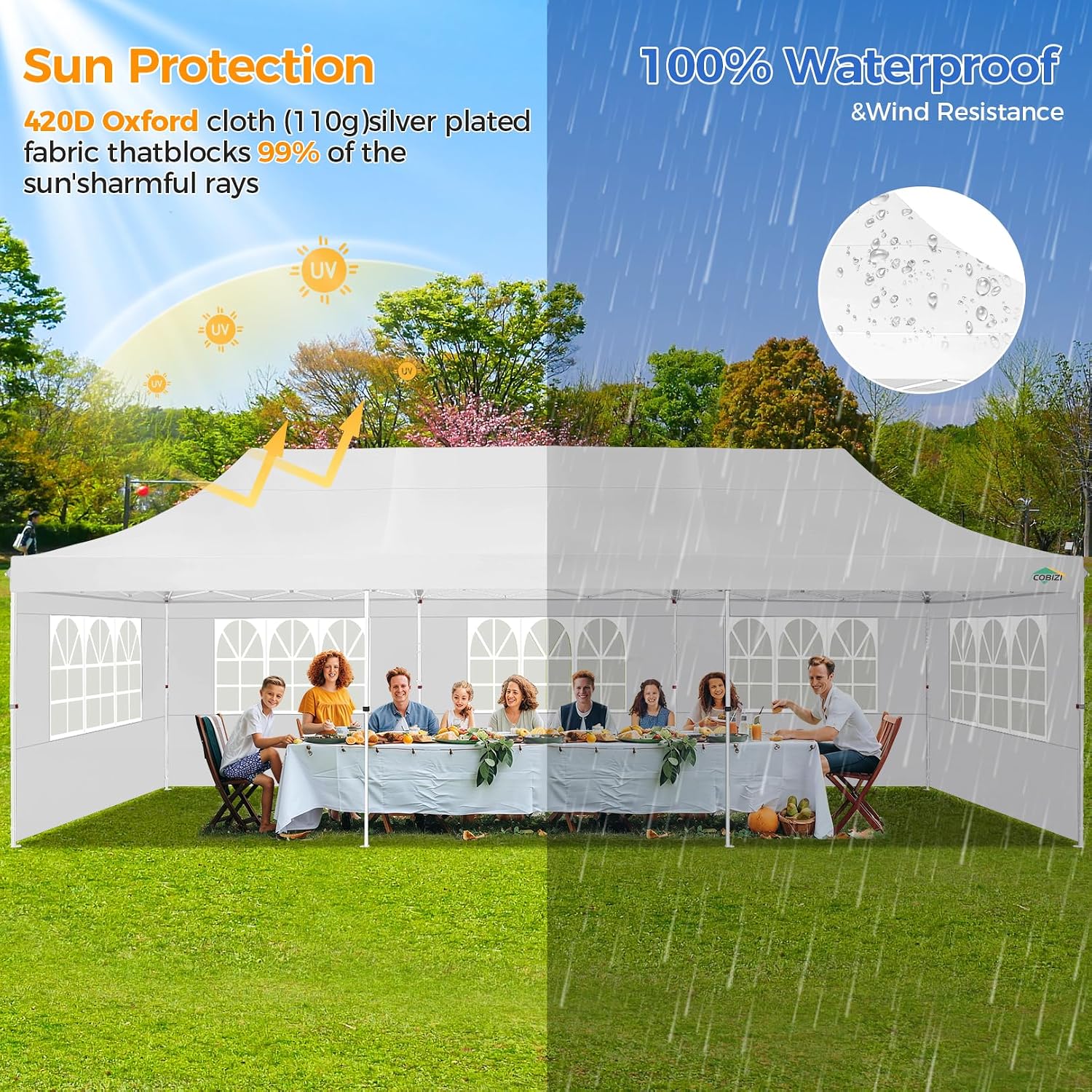 COBIZI 10x30 Pop up Canopy with 8 Removable Sidewalls & 4 Sandbags, Party Tent for Parties, Wedding, and Commercials, Waterproof and Instant Shelter UV50+ Ez Outdoor Canopy Tent with Roller Bag