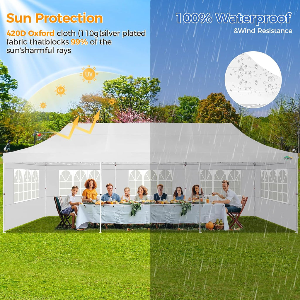 COBIZI 10x30 Pop up Canopy with 8 Removable Sidewalls & 4 Sandbags, Party Tents for Wedding, Commercials, Waterproof and Instant Shelter UV50+ Outdoor Gazebos Tent with Roller Bag & 5 Sidewalls