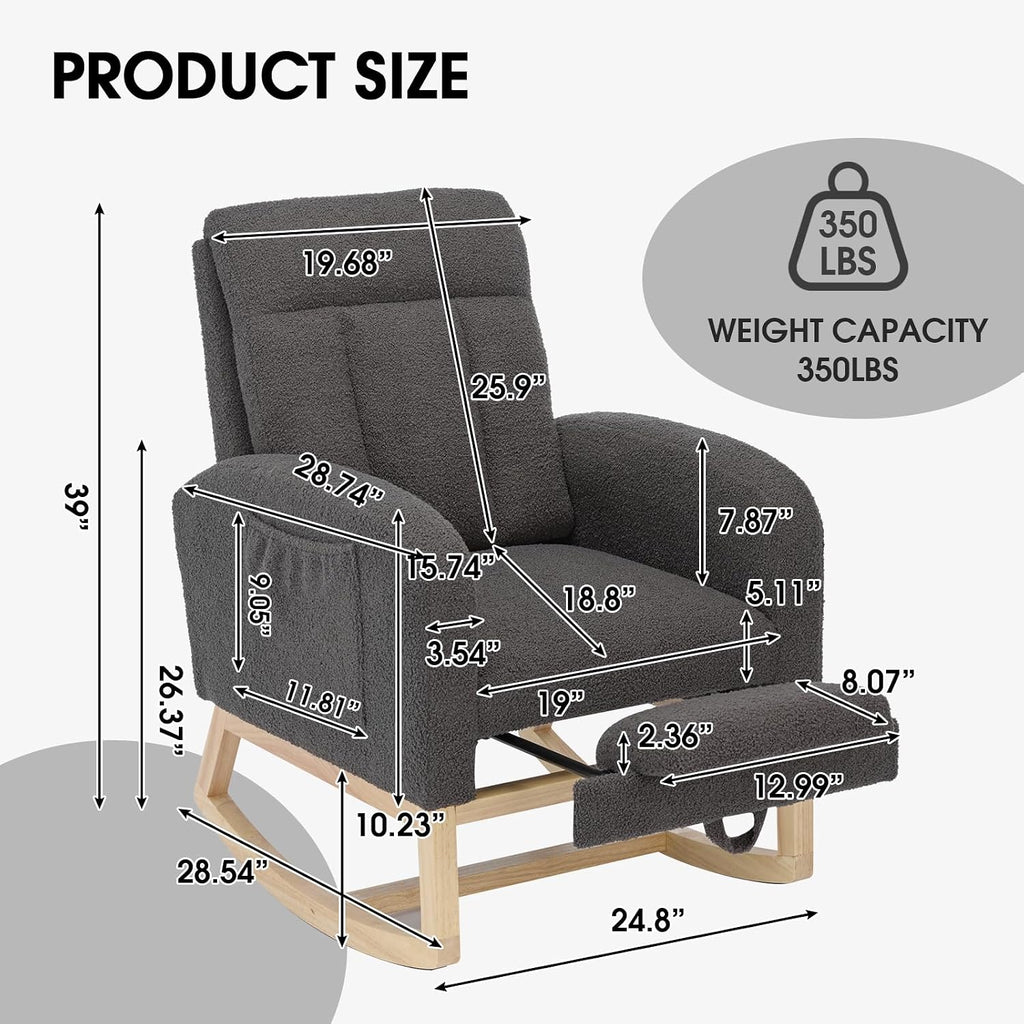 NIOIIKIT Modern Nursery Rocking Chair, Teddy Upholstered Rocking Chair with Footrest, Comfortable Rocker Recliner with Side Pocket, Glider Rocker for Living Room, Bedroom, Nursing Room (Dark Grey)