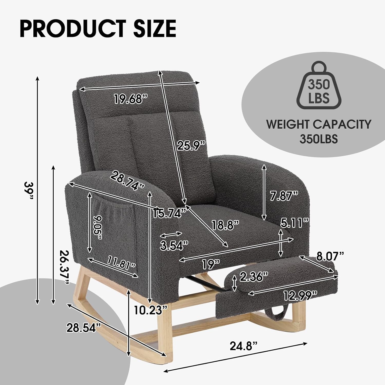 NIOIIKIT Modern Nursery Rocking Chair, Teddy Upholstered Rocking Chair with Footrest, Comfortable Rocker Recliner with Side Pocket, Glider Rocker for Living Room, Bedroom, Nursing Room (Dark Grey)