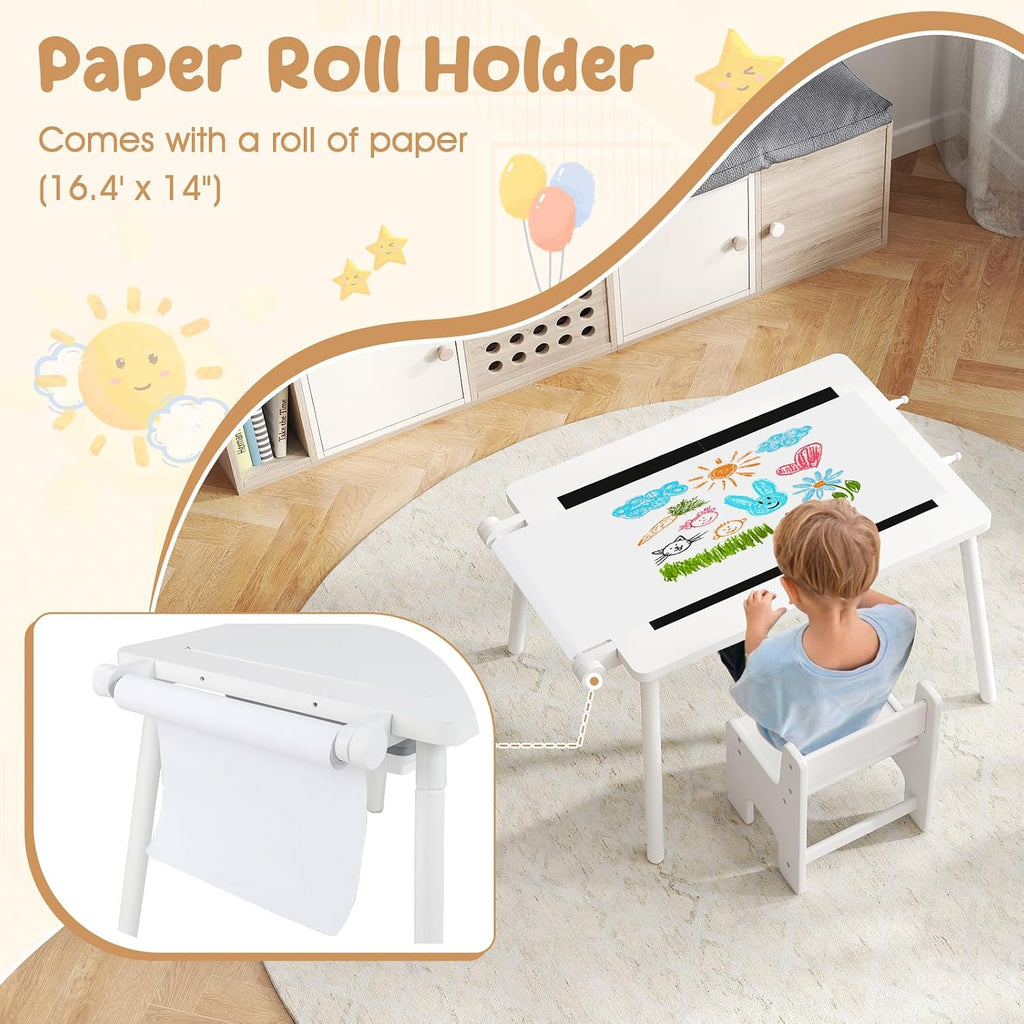 Costzon Kids Table and Chair, 6 in 1 Sensory Desk Set w/Storage Bins, White & Black Board, Building Blocks and Paper Roll for Drawing & Sand Water Playing, Toddler Table and Chair Set (White)