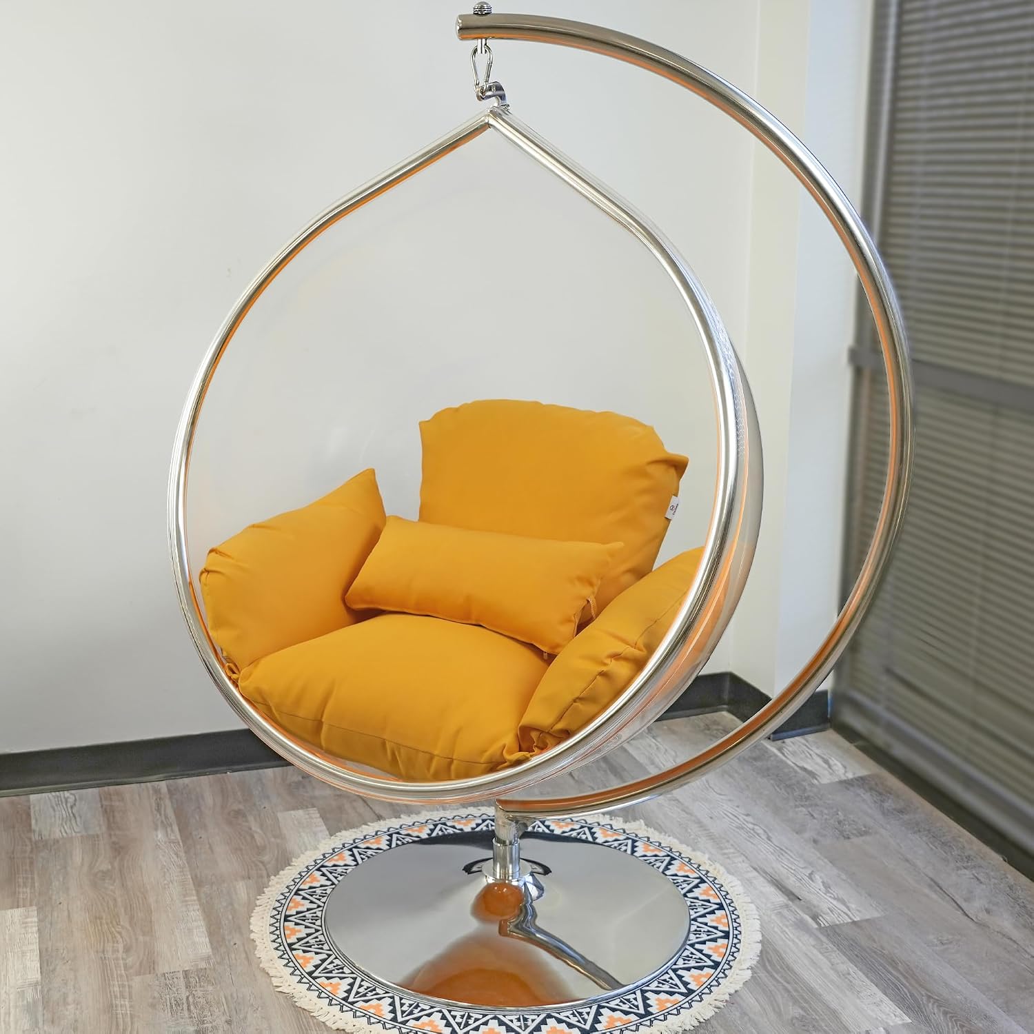 Hanging Chair - Transparent Acrylic Bubble, Waterdrop Shape, Indoor Swing Chair with Gold/Chrome Stand, Durable Fabric Cushion - Luxury Accent for Living Room, Bedroom (Chrome/Yellow)
