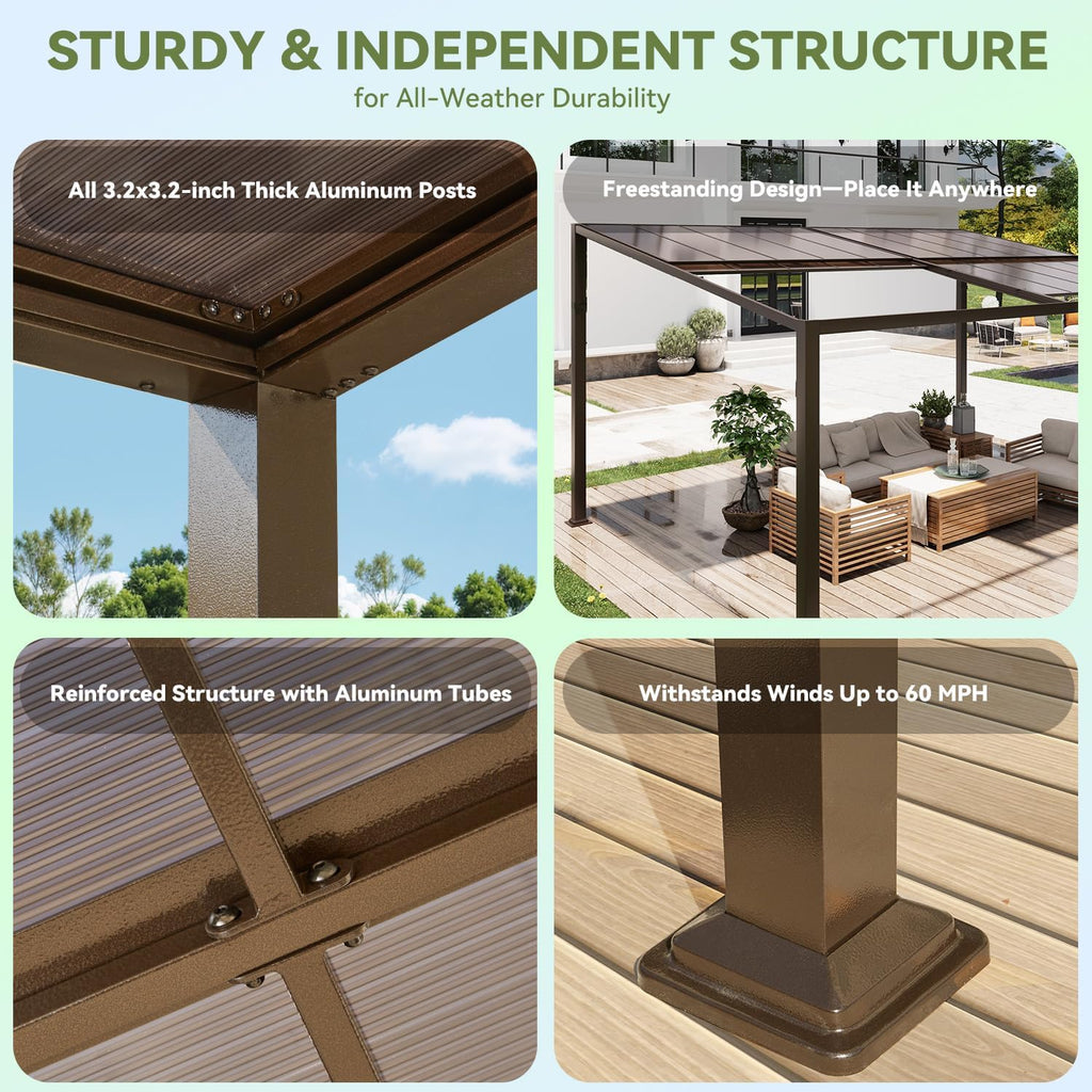 Gazebo 12x16 with Adjustable Polycarbonate Roofs, All Aluminum Frame Permanent Pergola for Patio, Outdoor Freestanding Shelter, Dark Brown