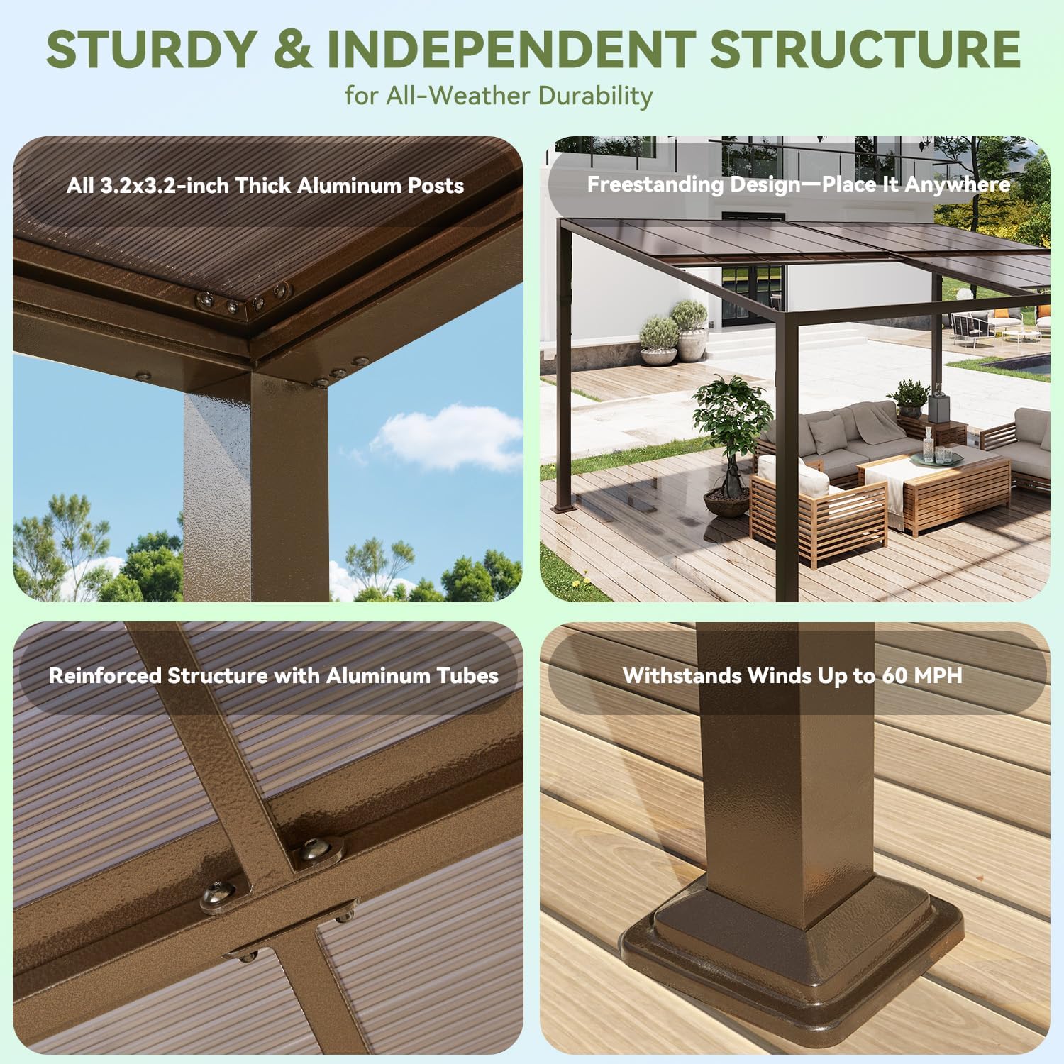 Gazebo 12x16 with Adjustable Polycarbonate Roofs, All Aluminum Frame Permanent Pergola for Patio, Outdoor Freestanding Shelter, Dark Brown