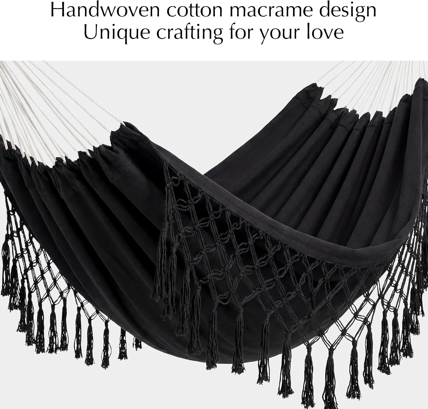 PNAEUT Handmade Tassel Hammocks, Double Hammock with Stand for Outside Indoor Outdoor, Max 450 lbs Capacity, Pillow & Storage Bag Included (Black)