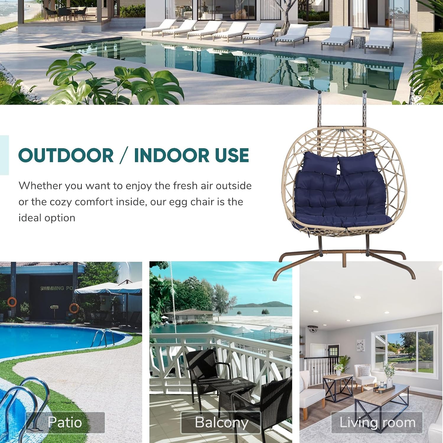 JOYBASE Double Swing Egg Chair with Stand, 2-Person Hanging Egg Chair Wicker Rattan Oversized Swinging Chair for Outdoor Indoor Garden Patio (Dark Blue Cushion and Beige Rattan)