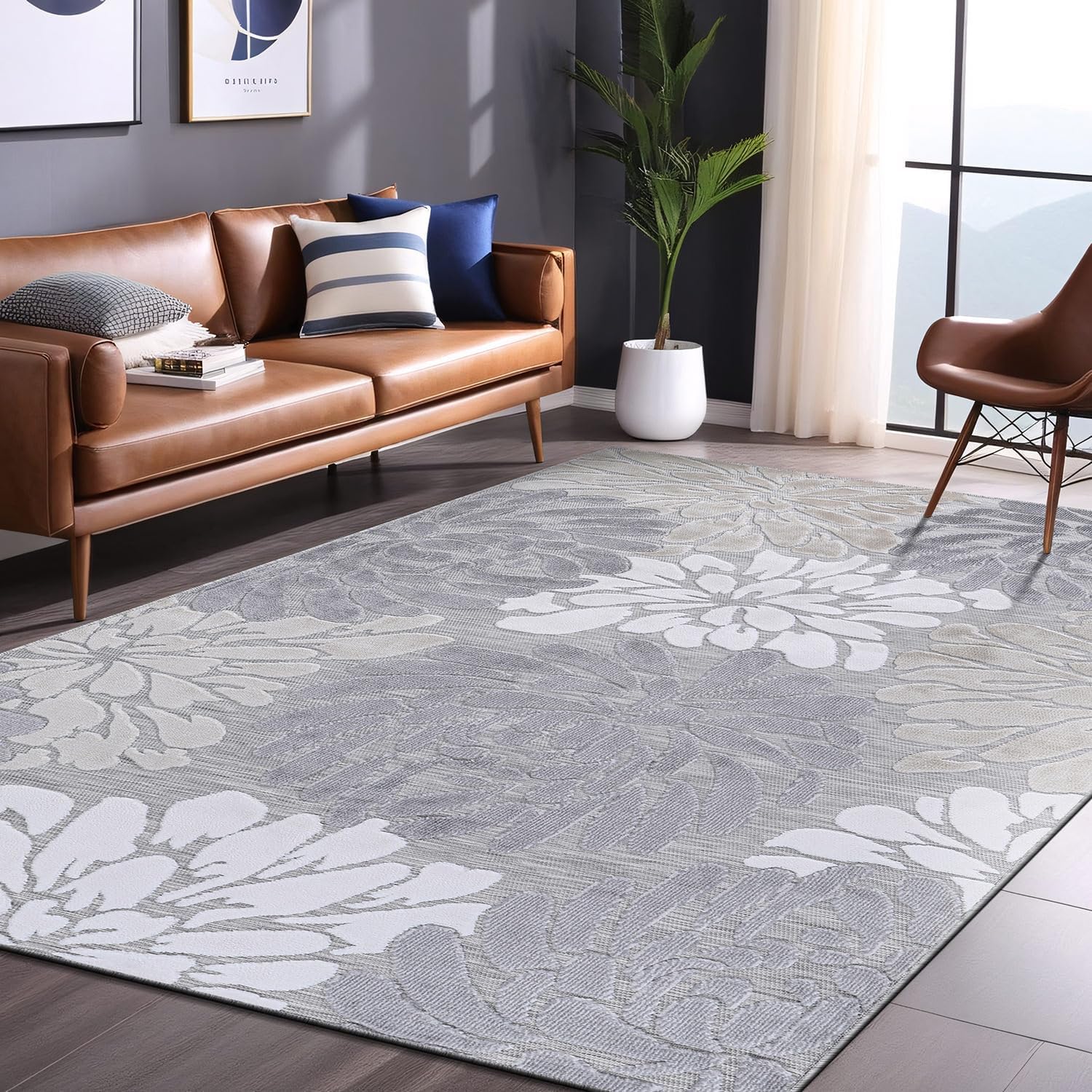 Luul Home Floral Indoor Outdoor Rugs 9x12 Large Area Rug for Living Room, Patio Decor, Kitchen, and Entryway Rug, Washable Stain Resistant Outside Carpet Beige 9 x 12
