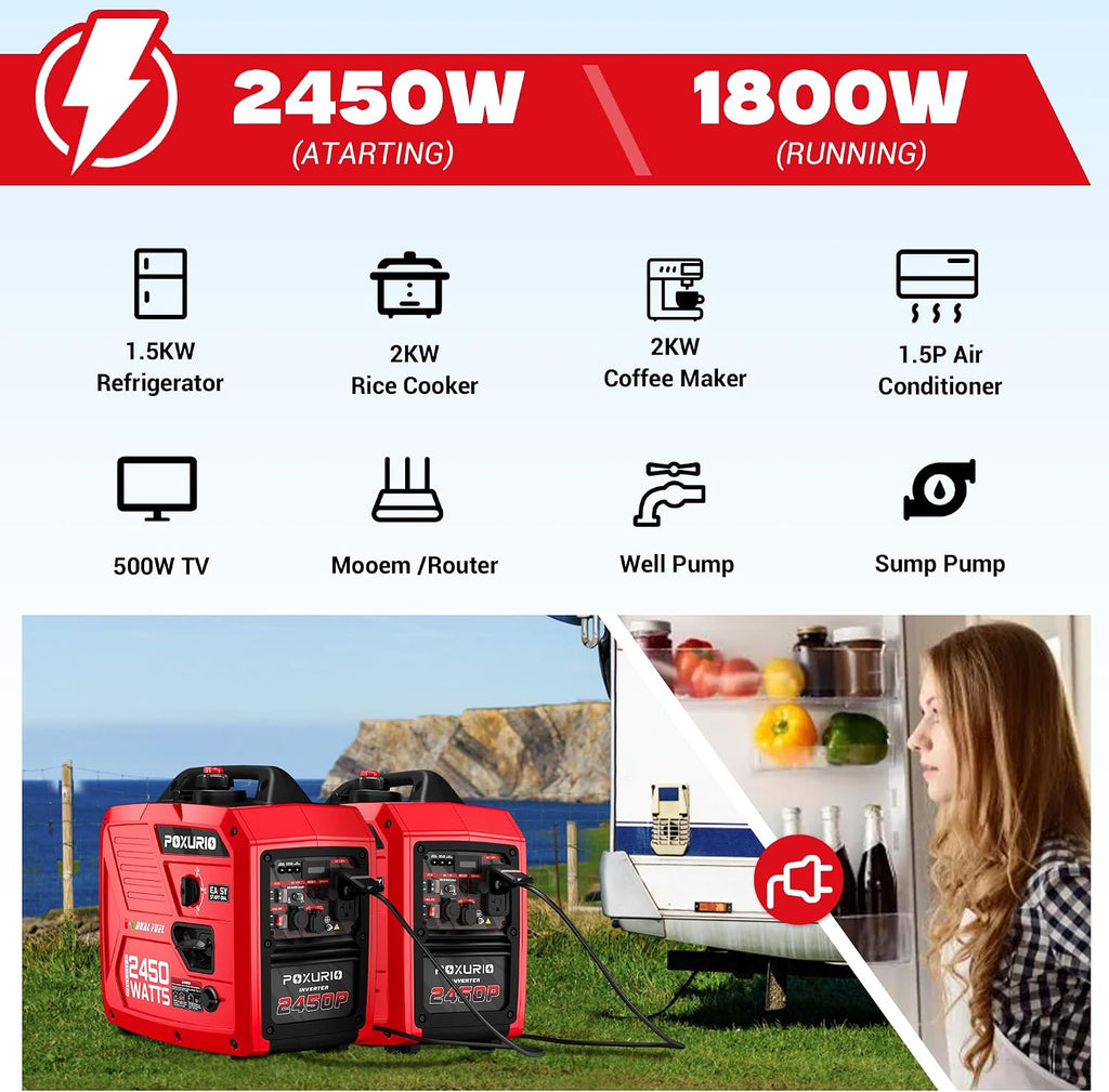 2450-Watt Dual Fuel Inverter Generator for Home Use, 1.6Gallon Large Fuel Tank Up to 8.3 Hours Use, 120V Gas Powered Generator Super Quiet - EPA Compliant, Red
