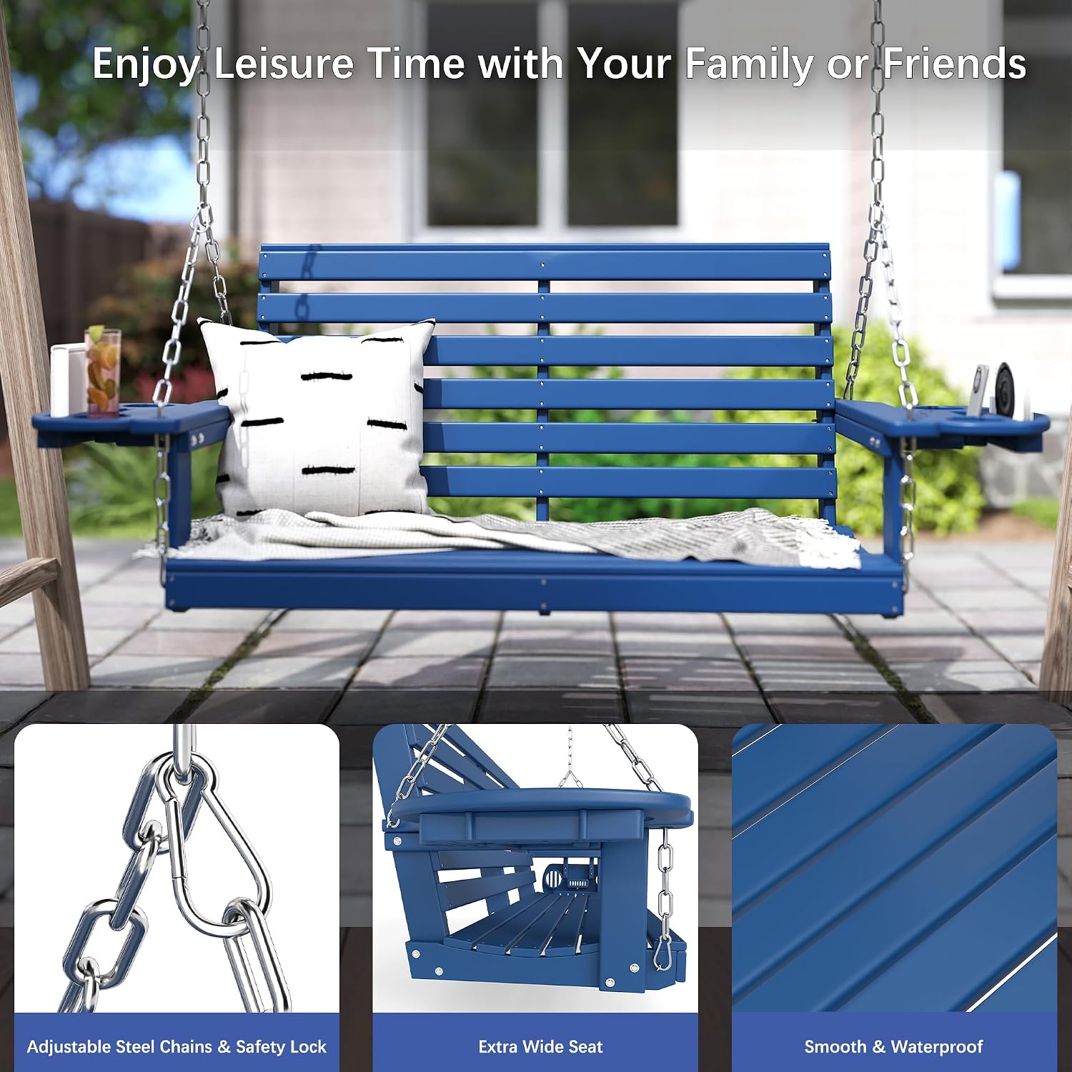 FOOWIN Porch Swing, 4 FT Patio Swing with Cup Holders, Adjustable Hanging Chains, HDPE Outdoor Swing for Patio, Porch, Garden, Yard, Heavy Duty 660 LBS Weight Capacity Navy Blue