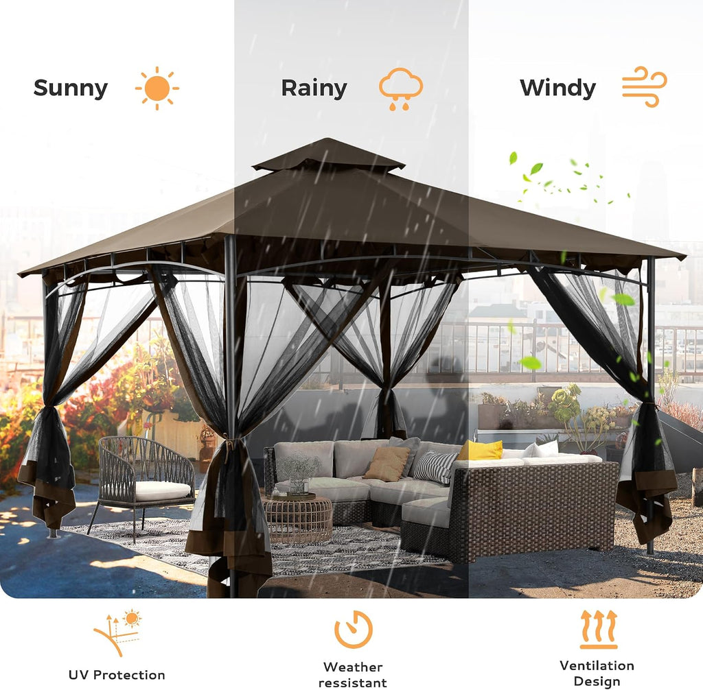 HAPPATIO Patio Gazebo 12' X 12', Ventilated Double Roof & Mosquito Netting, Outdoor Gazebo with Metal Frame, Soft Top Canopy for Backyard, Deck, Poolside, Brown