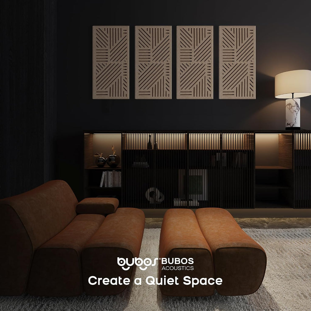 BUBOS 4 Pack Acoustic Wall Panels - Professional Self-Adhesive Sound Absorbing Slotted Cavity Panels for Enhanced Audio Clarity - High-Density Soundproofing for Home Office, Studio, Gaming & Gym-Brown