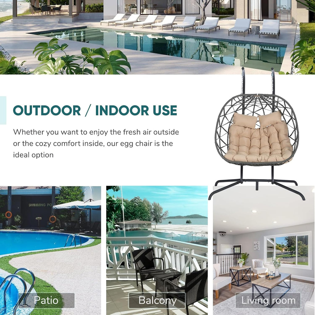 JOYBASE Double Swing Egg Chair with Stand, 2-Person Hanging Egg Chair Wicker Rattan Oversized Swinging Chair for Outdoor Indoor Garden Patio (Khaki Cushion and Grey Rattan)