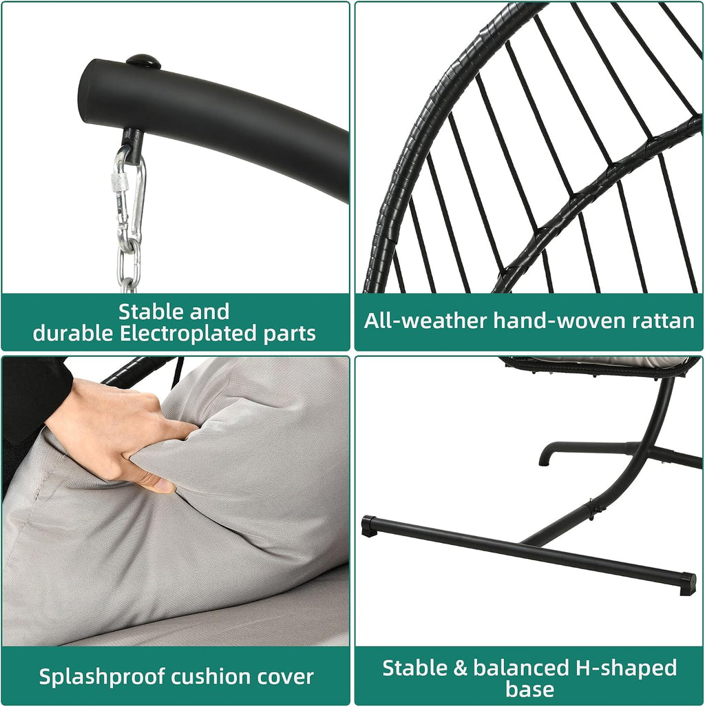YITAHOME Hanging Egg Chair with Stand, Rattan Wicker Swing Egg Chair with Cushion, 350lbs Capacity, Foldable Hanging Rattan Basket Chair for Porch, Garden, Bedroom, Balcony, Grey