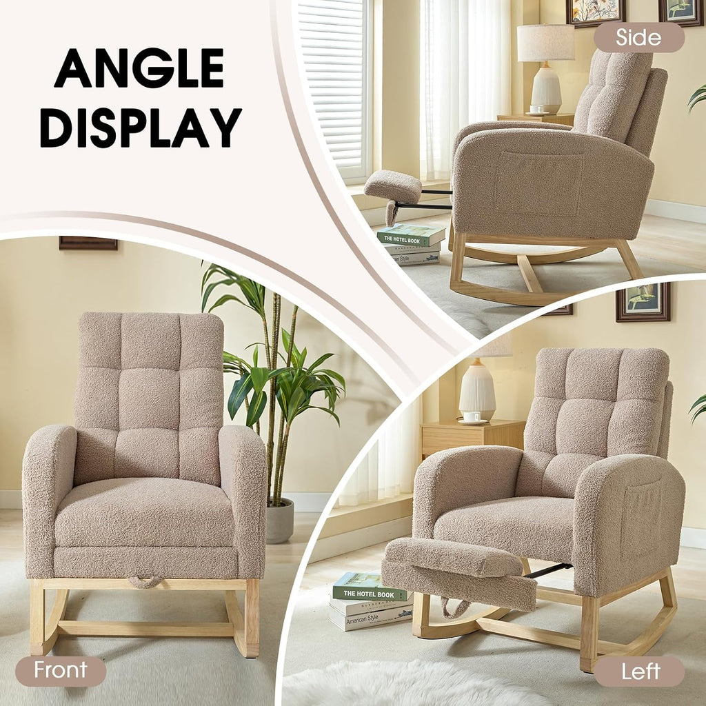 NIOIIKIT Modern Nursery Rocking Chair, Teddy Upholstered Rocking Chair with Footrest, Comfortable Rocker Chair with Side Pocket, Rocker Chair for Living Room, Bedroom, Nursing Room (Brown)