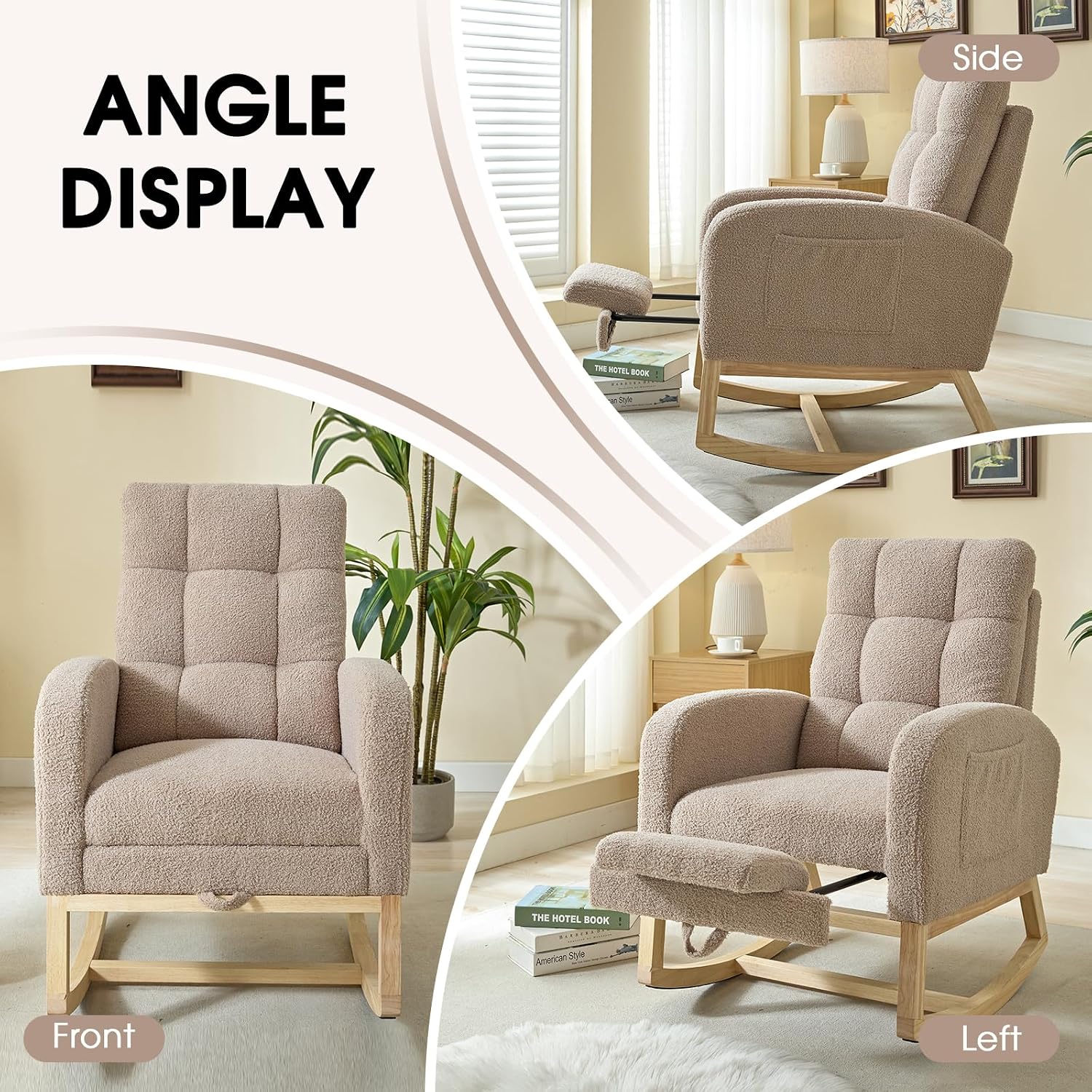 NIOIIKIT Modern Nursery Rocking Chair, Teddy Upholstered Rocking Chair with Footrest, Comfortable Rocker Chair with Side Pocket, Rocker Chair for Living Room, Bedroom, Nursing Room (Brown)