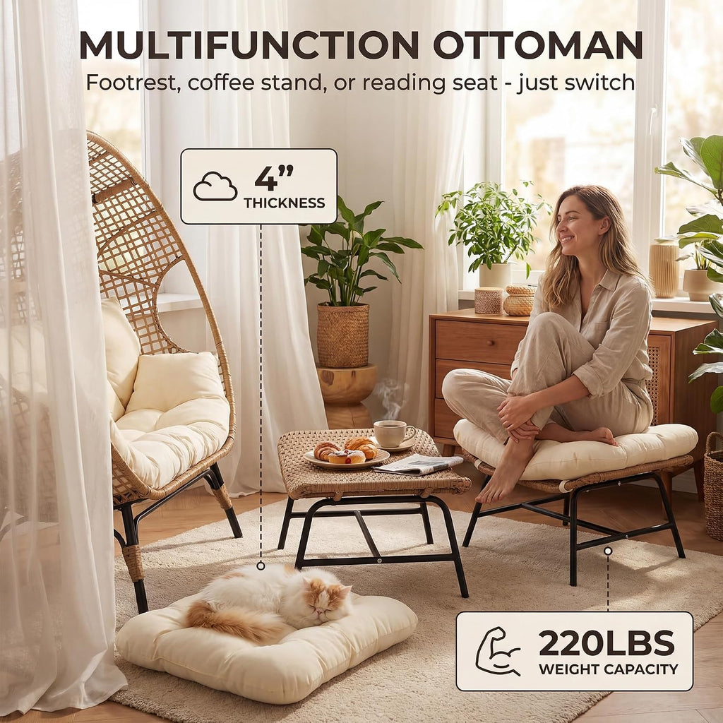 NICESOUL Modern Double Egg Chair with Footrest & Padded Cushions, 2 Person Wide Wicker Lounge Chair with Deep Seating, 57.1' Extra Large Stationary Loveseat Cozy Cream Chairs for Inside Outside