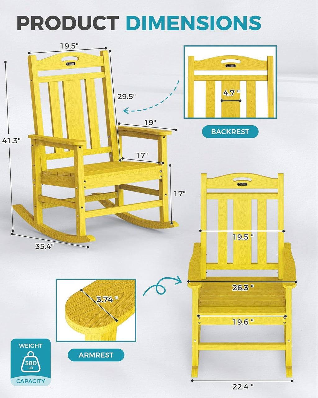 Ciokea Oversized Outdoor Rocking Chair, 380lbs Heavy-Duty Large Patio Rocker, Weather Resistant & Anti-Fade Porch Chair, High Back Cozy Rocking Chair for Outside, Fire Pit, Deck, Garden, Citron Yellow