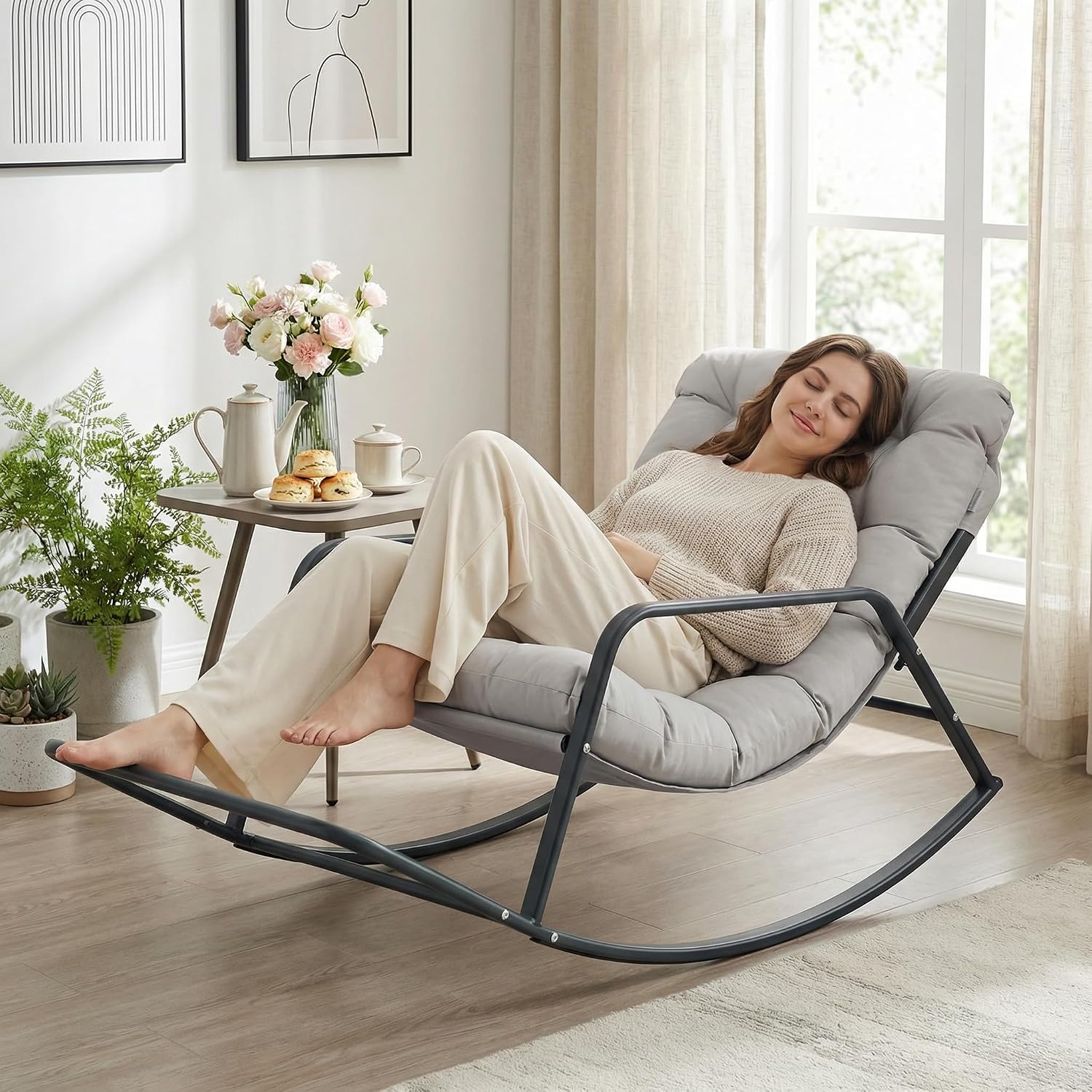 NICESOUL Papasan Rocking Chair with Footrest, Outdoor Rocking Chair with Cushion, Oversized Patio Rocker, Modern Lounge Comfort, Heavy Duty Steel Frame, Indoor Porch Garden, Grey