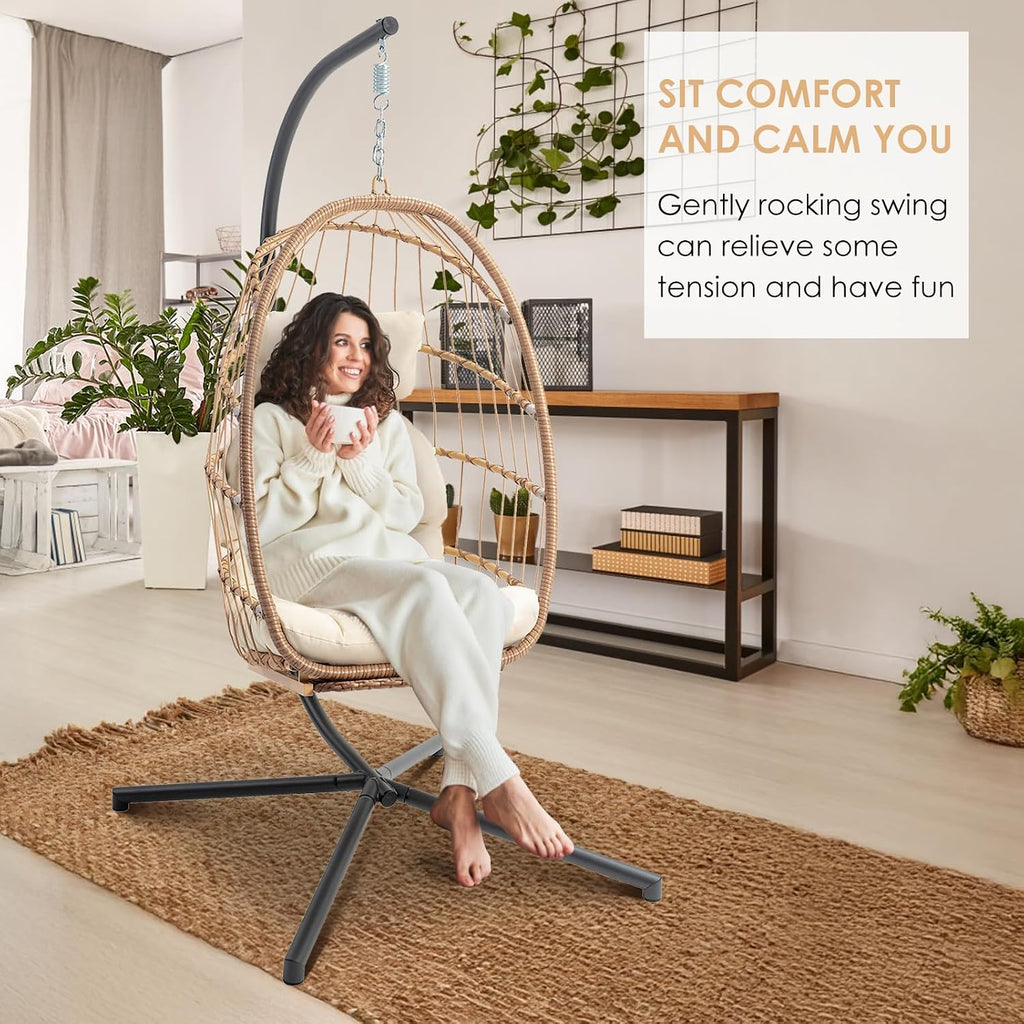 Brafab Hanging Egg Chair with Stand and Footrest, Wicker Egg Swing Chair Indoor Outdoor Aluminum-Steel Frame and UV Resistant Cushion, Patio Lounge Hammock Chairs for Bedroom 370LBS Capacity, Begie