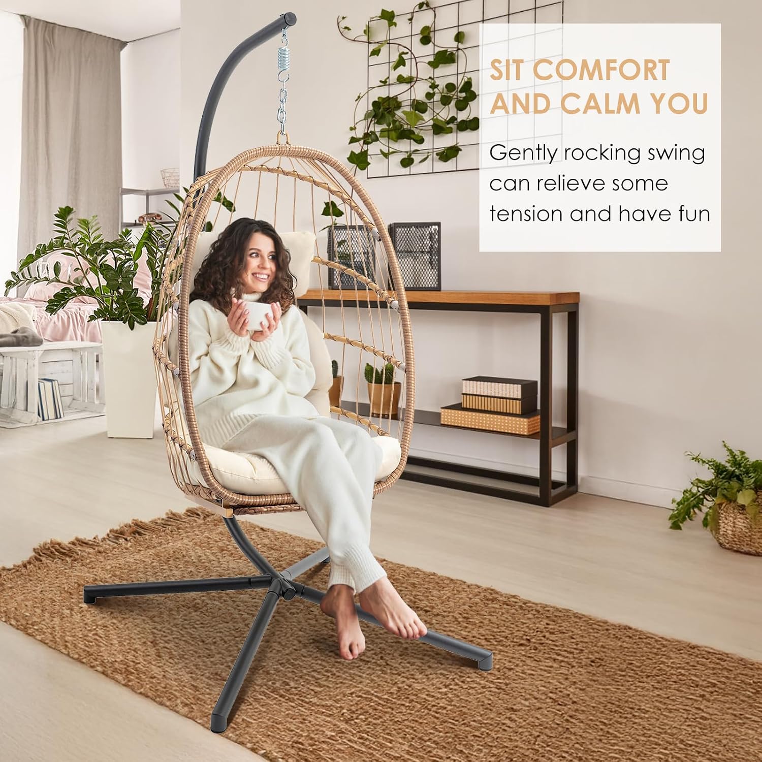 Brafab Hanging Egg Chair with Stand and Footrest, Wicker Egg Swing Chair Indoor Outdoor Aluminum-Steel Frame and UV Resistant Cushion, Patio Lounge Hammock Chairs for Bedroom 370LBS Capacity, Begie