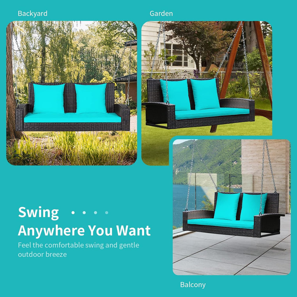 RELAX4LIFE Porch Swing 2-Seat Patio Rattan, Wicker Porch Swings Outdoor W/Two 7.9 Ft Solid Steel Chain, Comfortable Back & Seat Cushions, for Front Porch, Garden, Backyard Patio Swing (Turquoise)