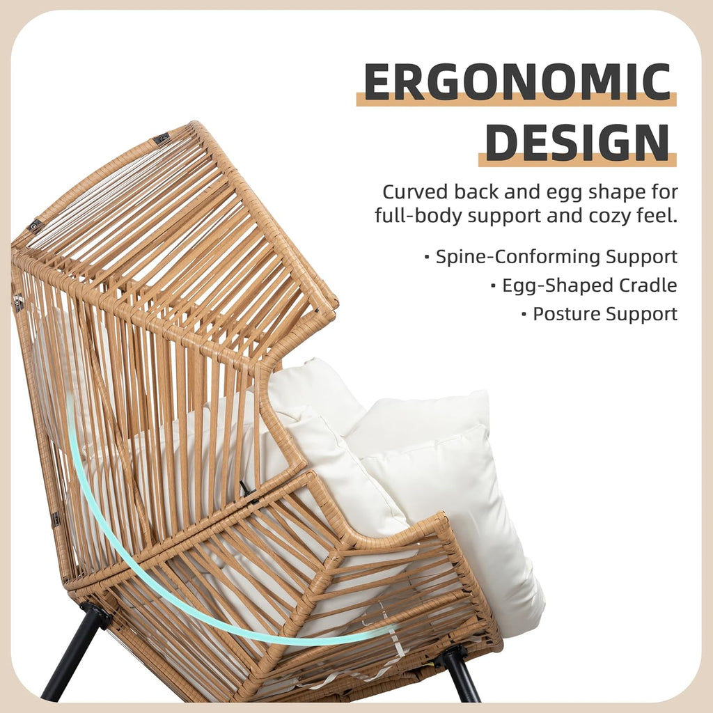 JAMFLY Egg Chair Wicker Outdoor Chairs, Oversized Patio Chair Oversized Lounger Chair with Cushion for Indoor Living Room, Bedroom, Outside Patio Backyard Balcony, Creamy White