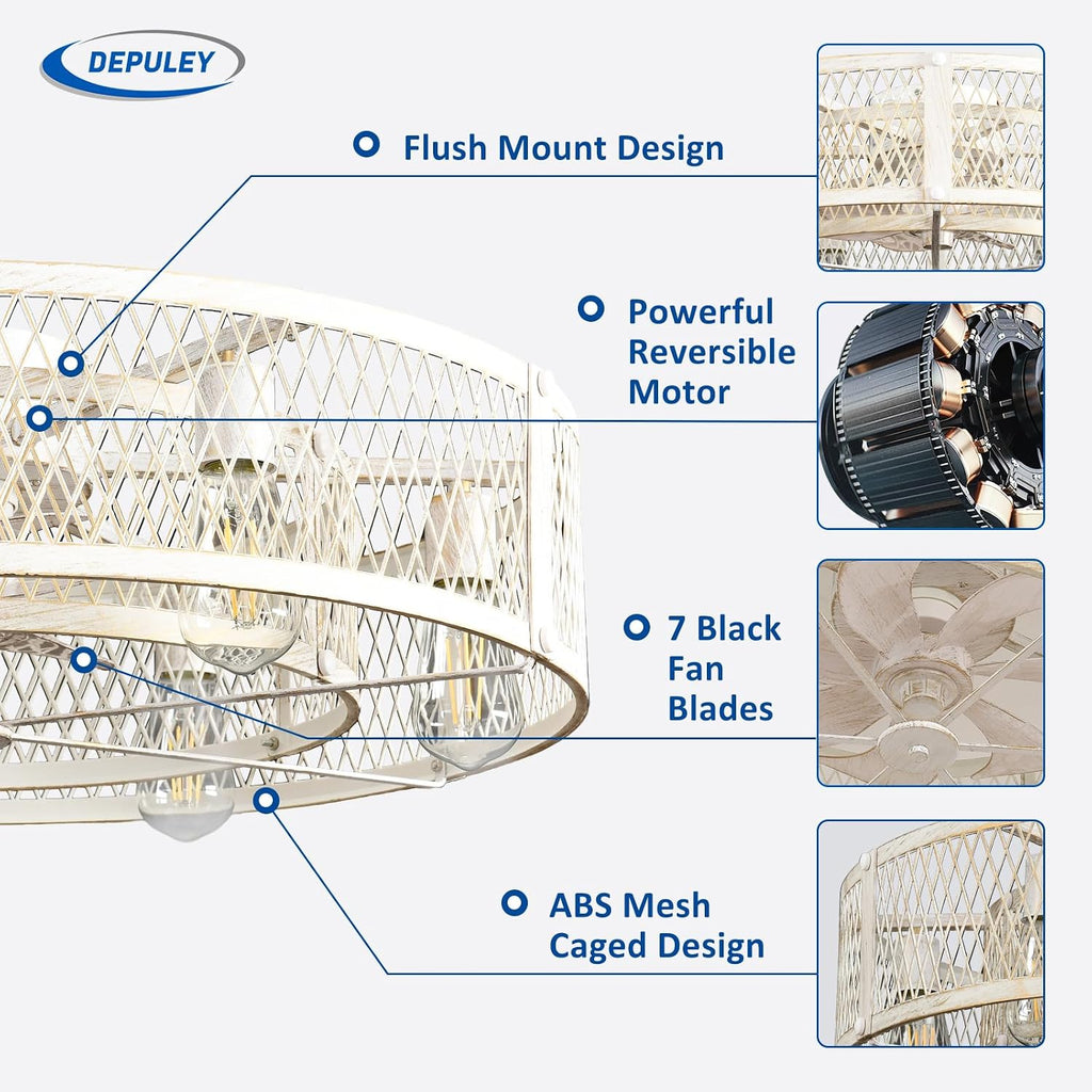 Depuley Flush Mount Ceiling Fan: 26' Caged Ceiling Fans with Lights and Remote Control for Kitchen Bedroom Farmhouse - Rustic Low Profile Ceiling Fandelier Lights Reversible 6 Speed Timer Cement