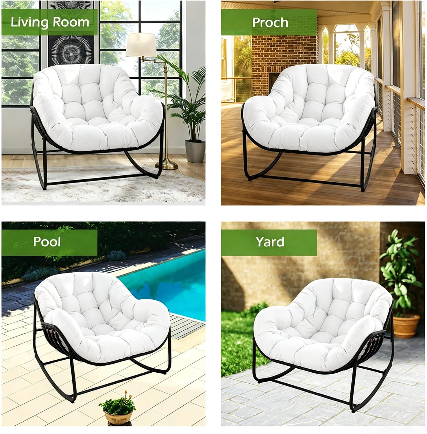 Papasan Rocking Chair, Oversized Papasan Chair with Cushion and Frame for Indoor& Outdoor,Egg-Shaped Patio Rocking Chair for Garden, Deck, Living Room, White