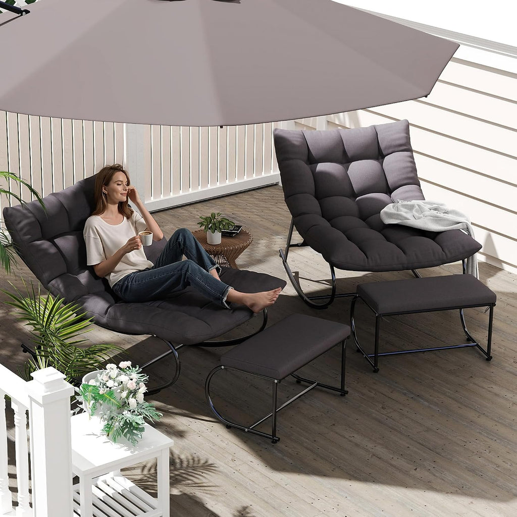 Upholstered Outdoor Rocking Chairs, Modern Patio Rocking Chair Set of 2 with Foot Rest, Sturdy Metal Papasan Rocking Chair, Cozy Rockings Recliner Chair for Bedroom/Living Room/Lawn, Gray