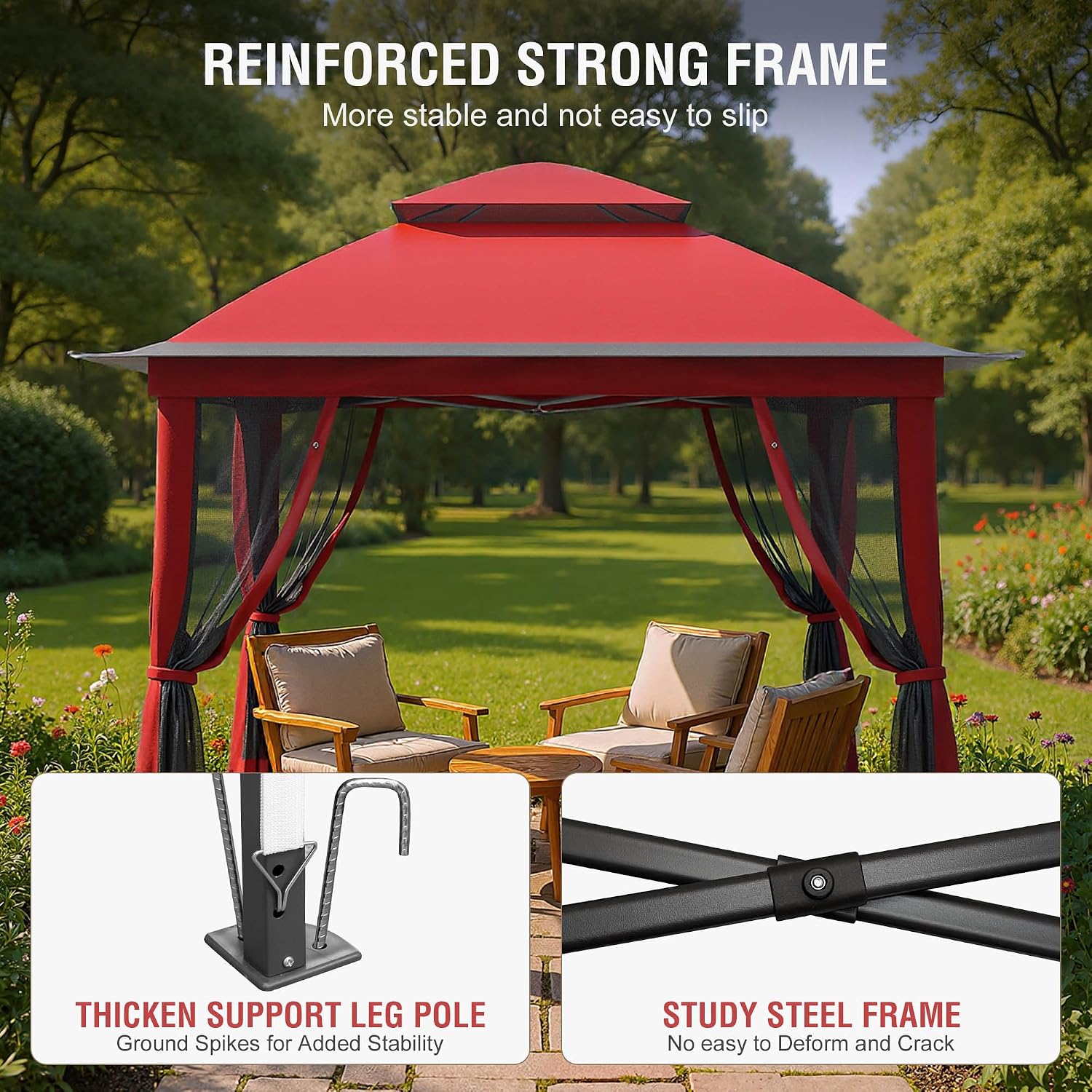 Pop Up Gazebo 11x11, Outdoor Instant Canopy Shelter Tent with Mosquito Netting Metal Frame Storage Bag for Patio Garden Backyard.(Red)