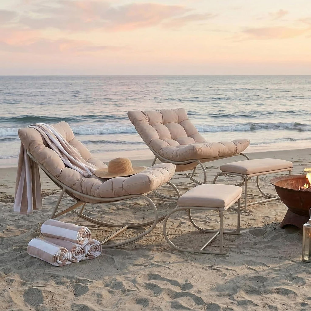 Outdoor Rocking Chairs Set of 2, Modern Papasan Rocking Chairs with Cushions, Upholstered Patio Rocking Chairs with Foot Rest, Cozy Metal Outdoor Lounge Rockers Recliner for Indoor, Khaki