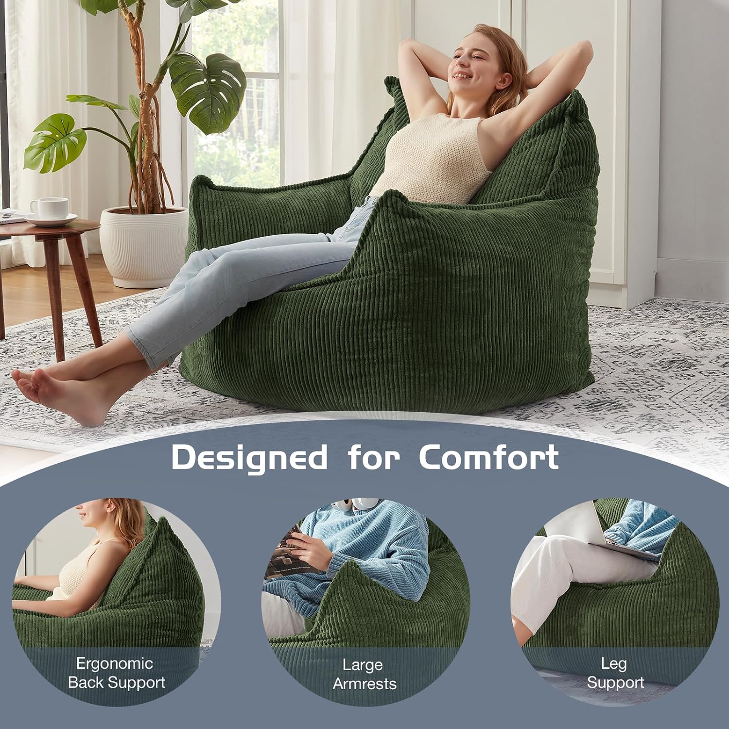 EBENCHICO Giant Bean Bag Chair Sofa for Adults Teens, Comfy Corduroy Large Bean Bag Chairs with Armrests for Bedroom Living Room, Adult BeanBag Lazy Sofa Couch Chairs with Filler Included