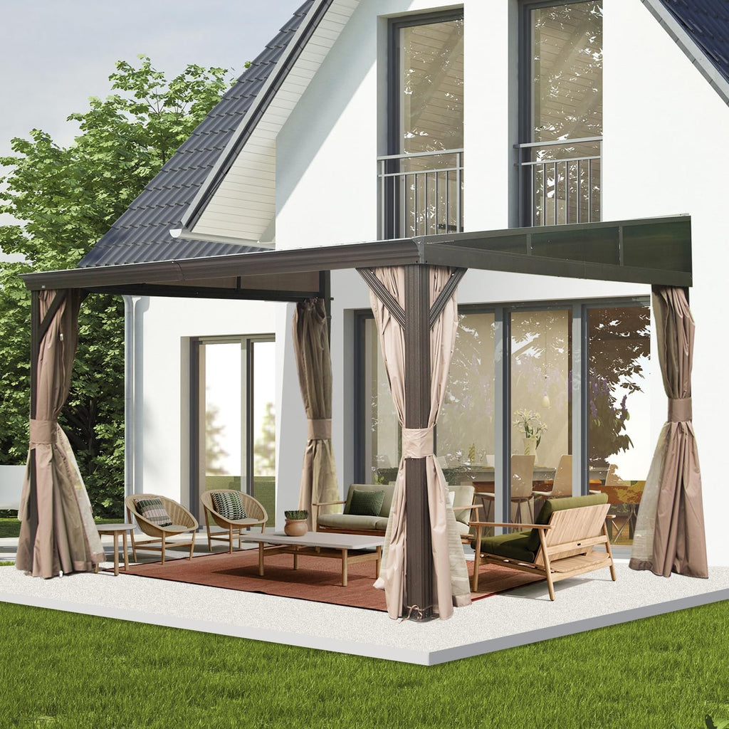 Domi 12x14FT Wall-Mounted Hardtop Gazebo, Aluminum Lean to Gazebo with Galvanized Steel Sloping Roof, Curtains & Netting for Outdoor Patio, Deck, Backyard, Garden Parties