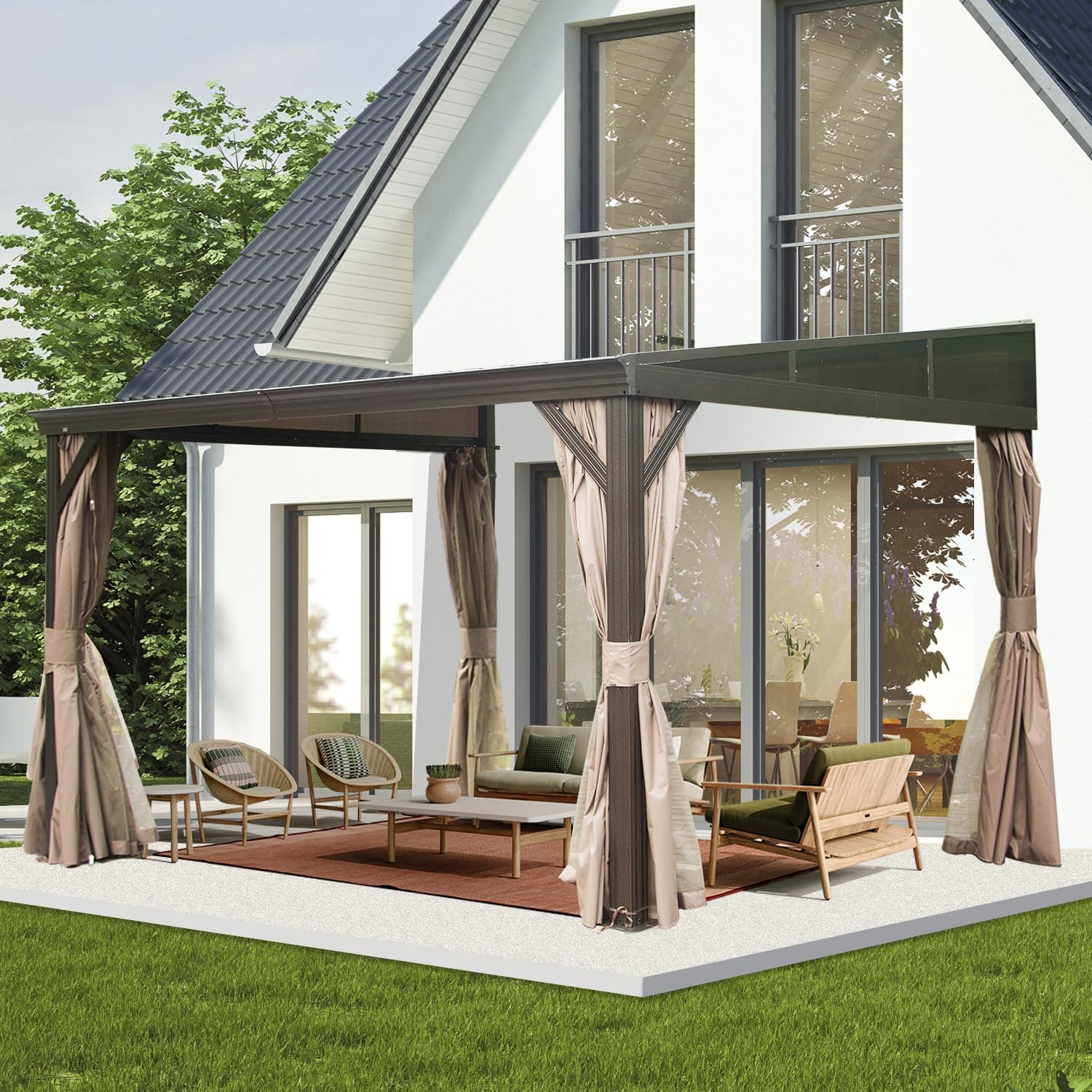 Domi 12x14FT Wall-Mounted Hardtop Gazebo, Aluminum Lean to Gazebo with Galvanized Steel Sloping Roof, Curtains & Netting for Outdoor Patio, Deck, Backyard, Garden Parties