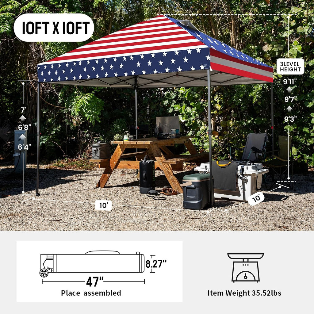 CROWN SHADES 10x10 Pop Up Canopy - Patented Center Lock One Push Instant Outdoor Canopy Beach Tent with STO-N-Go Bag 8 Stakes & 4 Sand Bags，American Flag