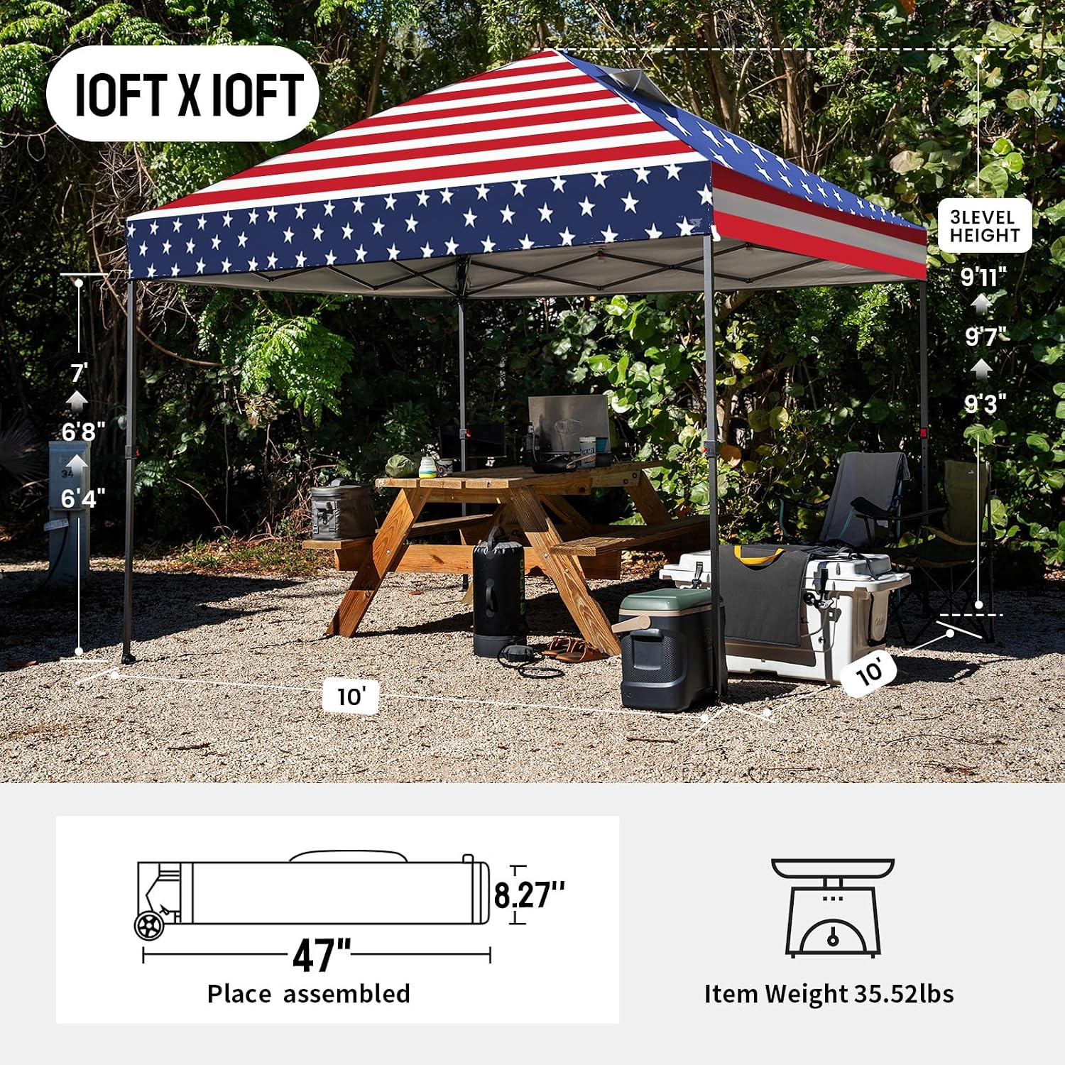 CROWN SHADES 10x10 Pop Up Canopy - Patented Center Lock One Push Instant Outdoor Canopy Beach Tent with STO-N-Go Bag 8 Stakes & 4 Sand Bags，American Flag