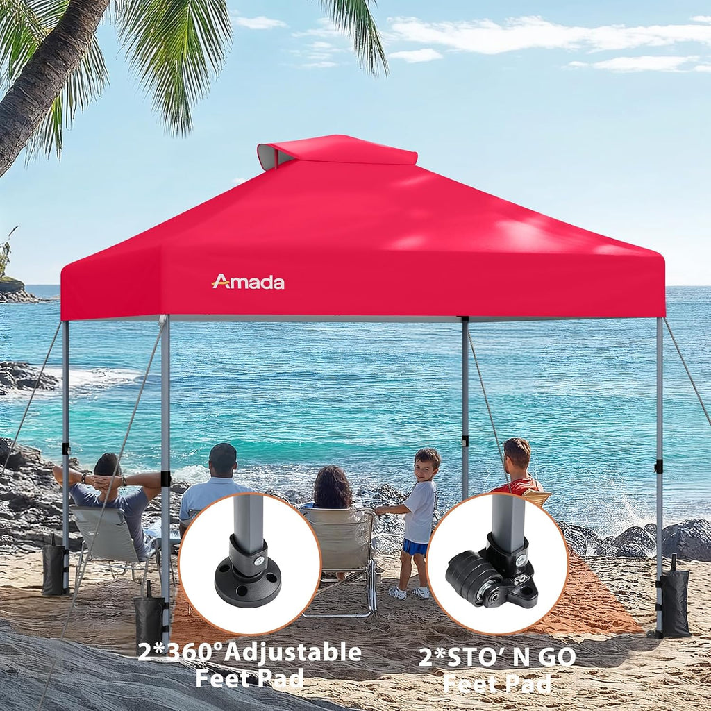 Amada 10x10 Pop Up Canopy - Center Lock One Push Instant Setup Wheeled Gazebo Outdoor Canopy Beach Tent with STO-N-Go Bag 8 Stakes & 4 Sand Bags, 3-Height Adjustable Shade Shelter (10x10ft, Red)