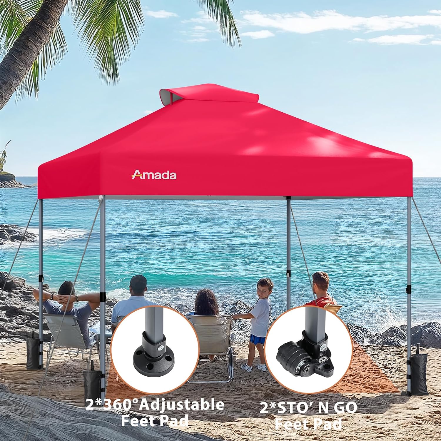 Amada 10x10 Pop Up Canopy - Center Lock One Push Instant Setup Wheeled Gazebo Outdoor Canopy Beach Tent with STO-N-Go Bag 8 Stakes & 4 Sand Bags, 3-Height Adjustable Shade Shelter (10x10ft, Red)