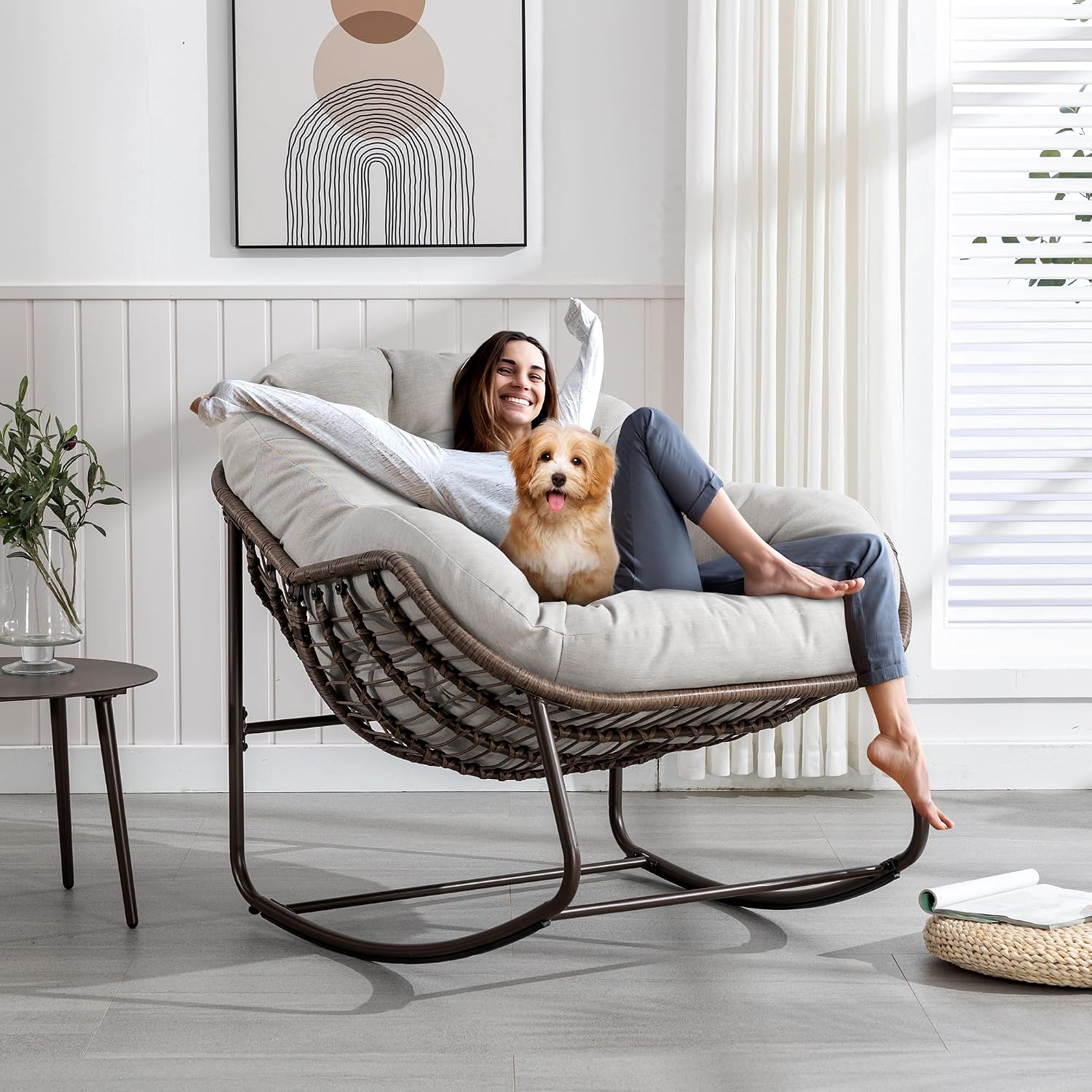 Large Indoor Outdoor Rocking Chair, Oversized Rocking Papasan Chair with Thick Cushion and Frame Outdoor Rocker, Comfy Wicker Egg Chairs Lounge for Outside Porch Patio Backyard (Beige, Set of 2)