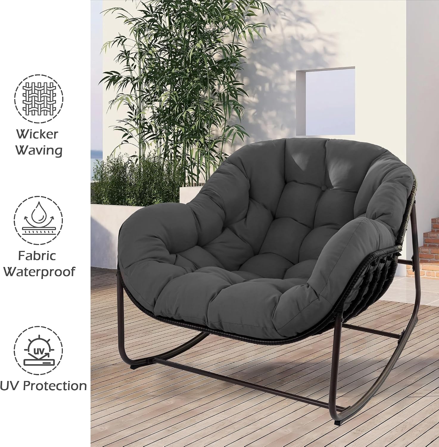 Papasan Rocking Chair, Oversized Papasan Chair with Cushion and Frame for Indoor& Outdoor,Egg-Shaped Patio Rocking Chair for Garden, Deck, Living Room, Light Grey