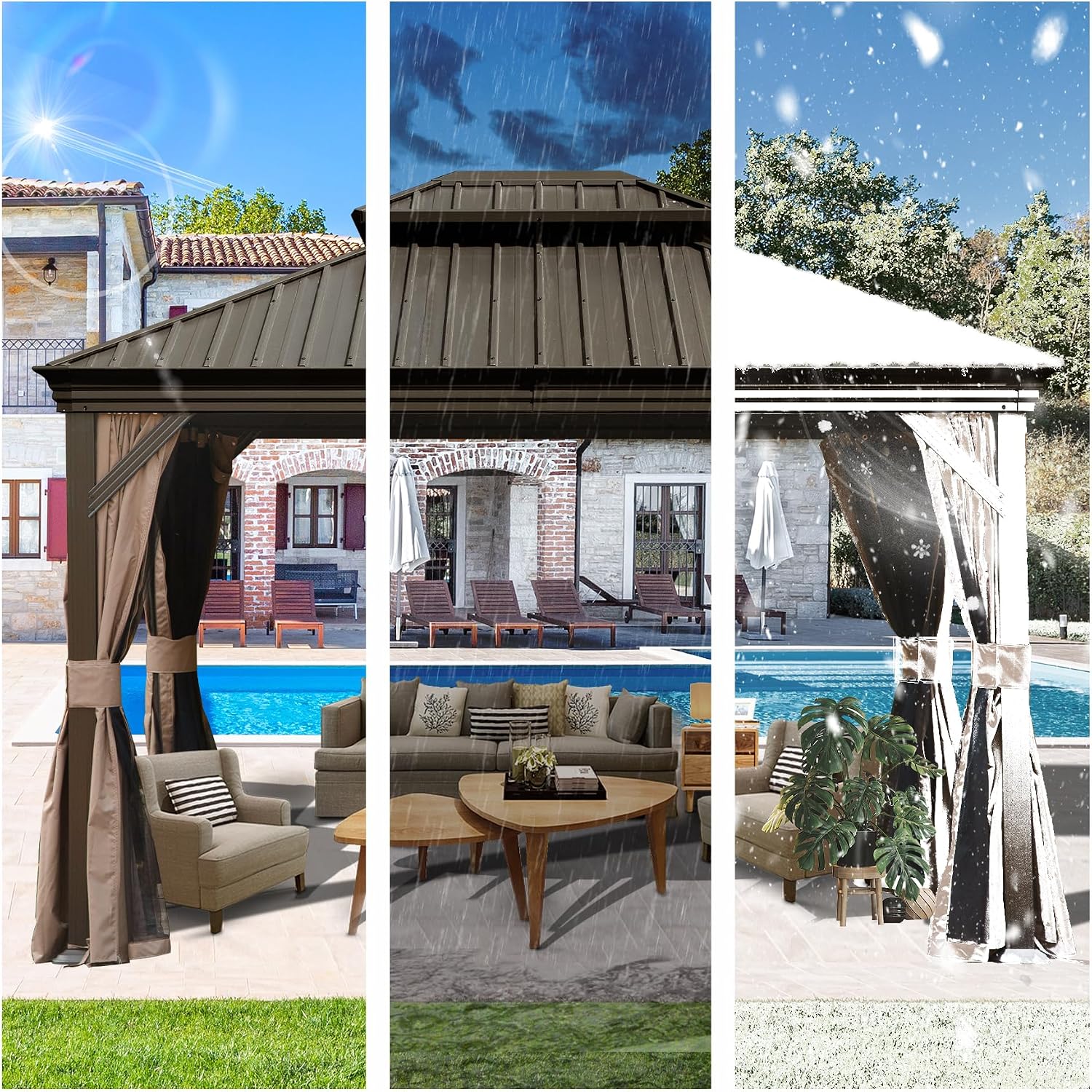 10' x 12' Outdoor Hardtop Gazebo with Gutters, Double Roof Galvanized Metal Gazebo for Backyard, Patio, Deck, Hot Tub, Heavy Duty Canopy Permanent Pavilion with Curtains and Netting, Brown