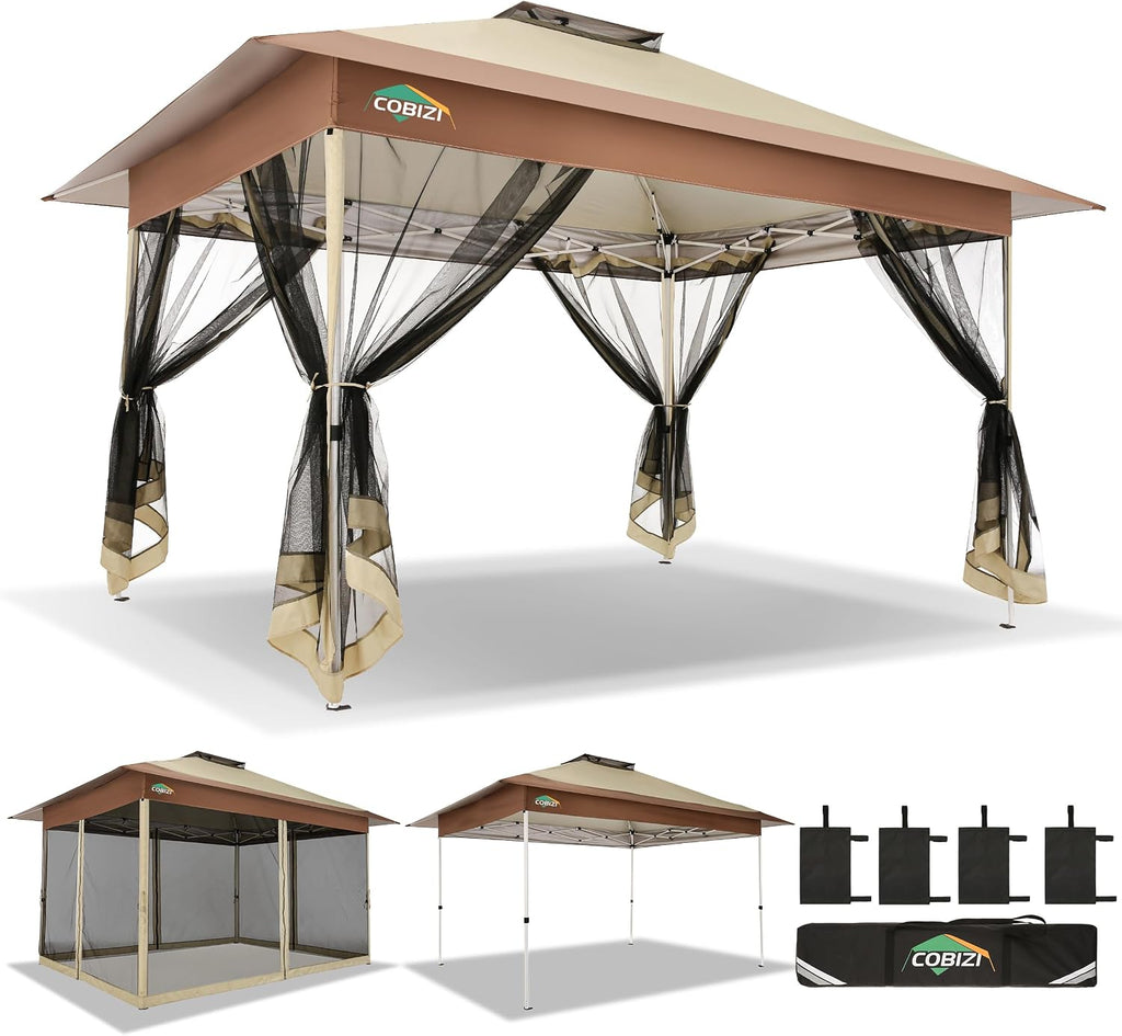 COBIZI 10x15 FT Pop up Gazebo on Clearance - Outdoor pop up Heavy Duty Canopy Tent,carpas para Patio,Screen Tents with Portable Carry Bag, Patio Gazebos for Camping, Garden, Deck, Backyard, Khaki