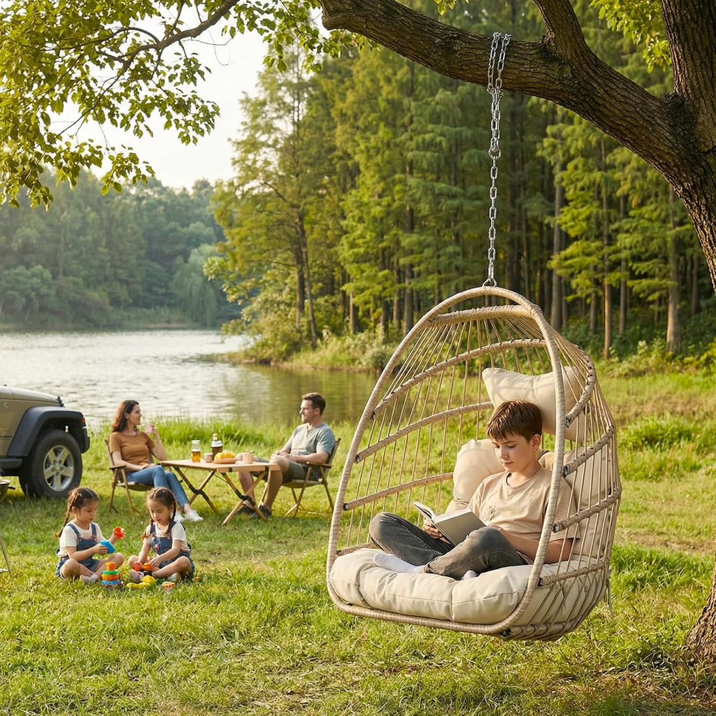 BULEXYARD Outdoor Patio Egg Chair Without Stand, 350 Lbs Foldable Rattan Swing with Comfy Cushion, Relaxing Boho Hanging Hammock Basket Seat for Bedroom Balcony Backyard Tree Indoor Mount, Beige