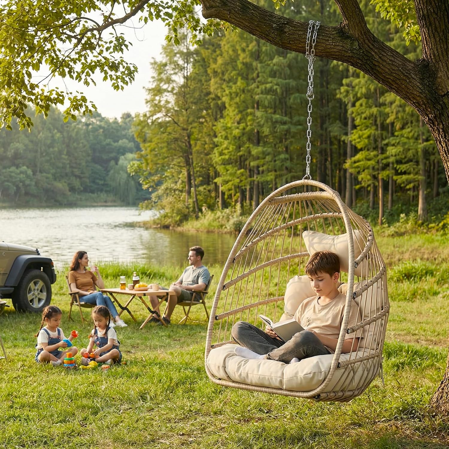 BULEXYARD Outdoor Patio Egg Chair Without Stand, 350 Lbs Foldable Rattan Swing with Comfy Cushion, Relaxing Boho Hanging Hammock Basket Seat for Bedroom Balcony Backyard Tree Indoor Mount, Beige