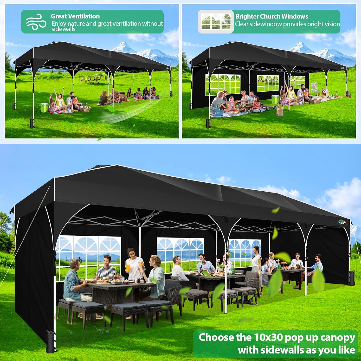 COBIZI 10x30 Pop Up Canopy Tent for Parties with 5 Sidewalls| Push Center Lock & Air Vent| Waterproof & UPF50+ |Gazebo Outdoor Tent for Party,Wedding,BBQ with 4 Sandbags, 8 Stakes & 16 Ropes,Black