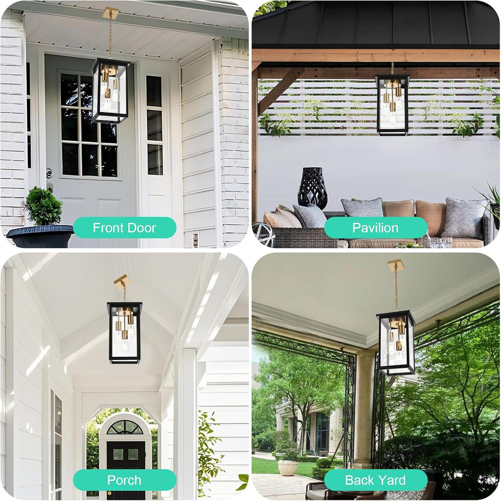 Yaohong Outdoor Pendant Lights for Porch, Modern 3-Lights Exterior Hanging Lights, Exterior Hanging Lantern with Clear Glass and Height Adjustable, Large Outdoor Ceiling Lights for Patio Front Foyer