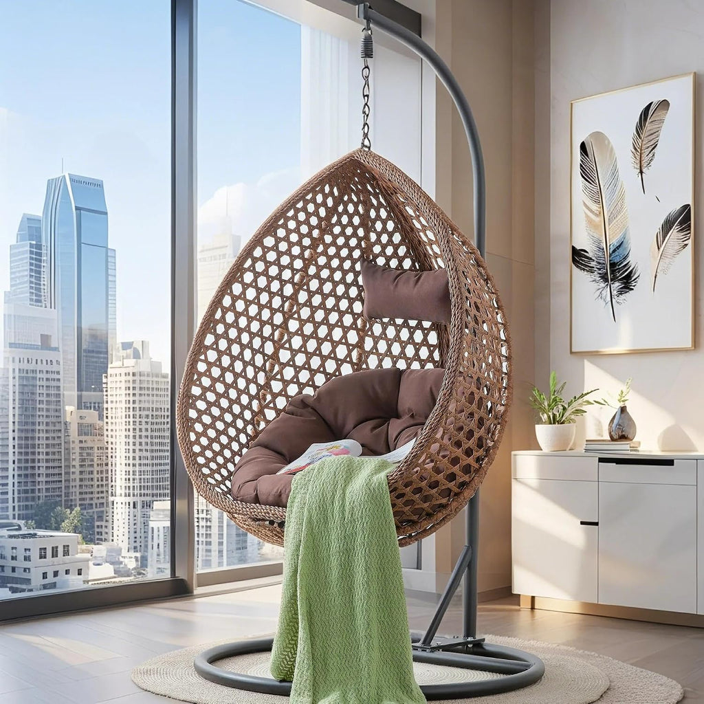 Egg Swing Chair with Stand Outdoor Indoor, Hanging Egg Chair with Cushions and Pillow,300lbs Capacity for Porch, Patio,Garden, Bedroom, Balcony, Brown
